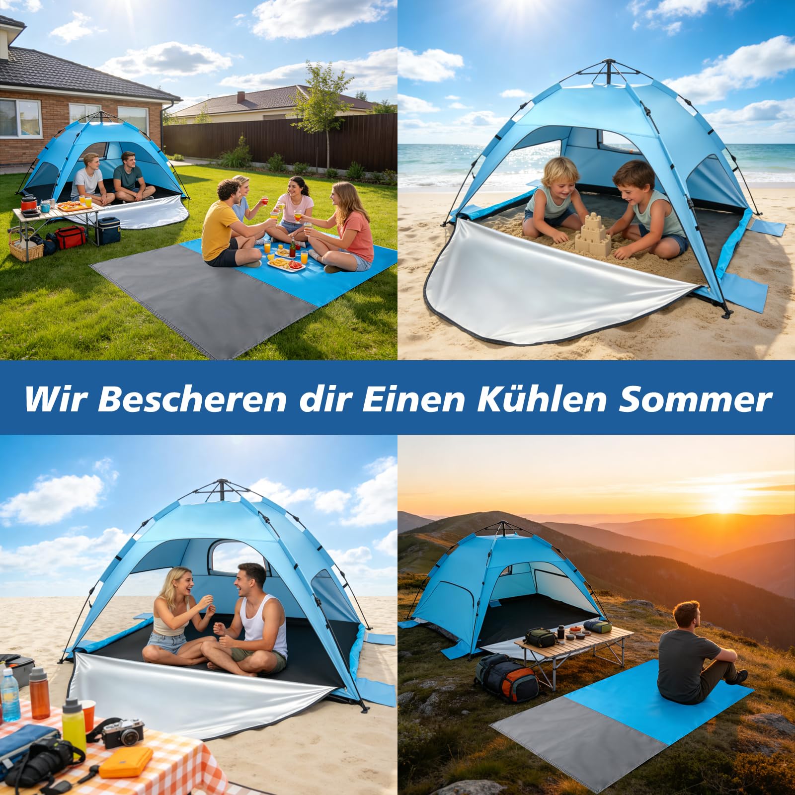 Strandzelt Strandmuschel Pop Up, UV Schutz 50+ Sonnenzelt mit Wasserdichter Strandmatte für 3-4 Personen, 3 Türen Belüftung & herausnehmbarer Boden, Tragbar Windschutz Baby Zelt für Strand Urlaub