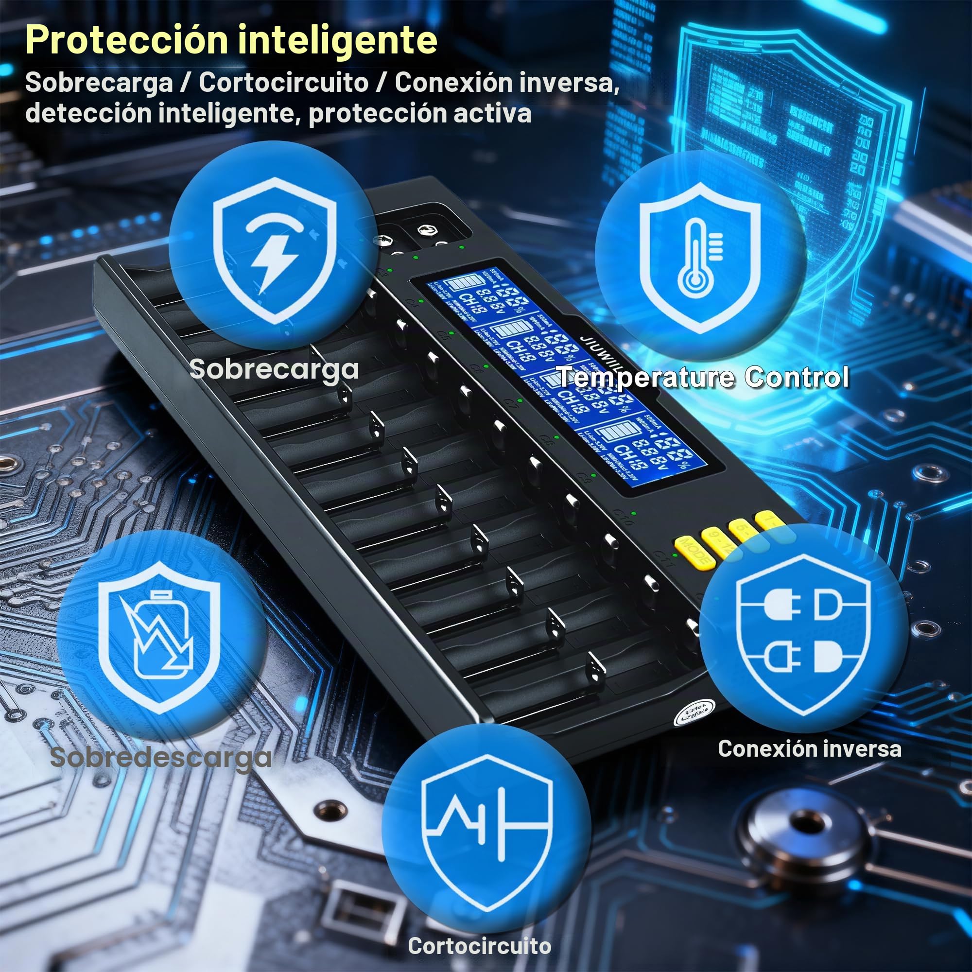 Cargador de baterías 18650, JIUWIIL Cargador rápido de baterías de 12+2 Ranuras con Pantalla LCD para baterías Recargables de Iones de Litio LiFePO4 RCR123 26650 10440 14500 & 9 V