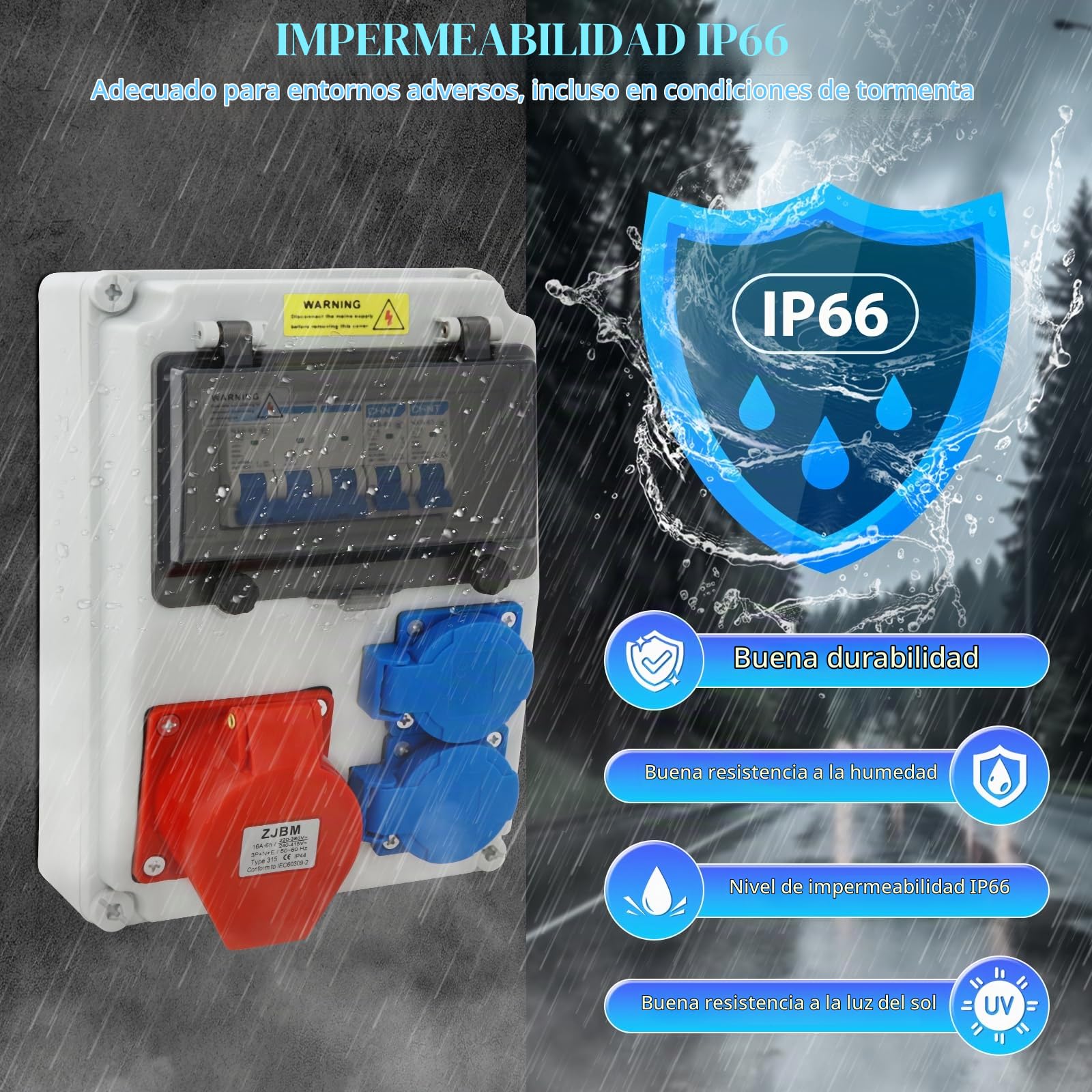 Distribuidor de Corriente 220V/16A para Obras - Tablero Eléctrico Impermeable para Exteriores con Enchufe Combinado - Caja Resistente a la Intemperie para Uso en Construcción y Talleres