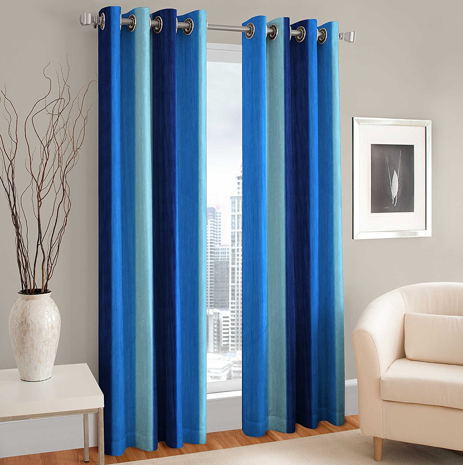FRESH FROM LOOMPolyester Modern Print Door Curtain (Blue, 7 Feet) - Pack of 2