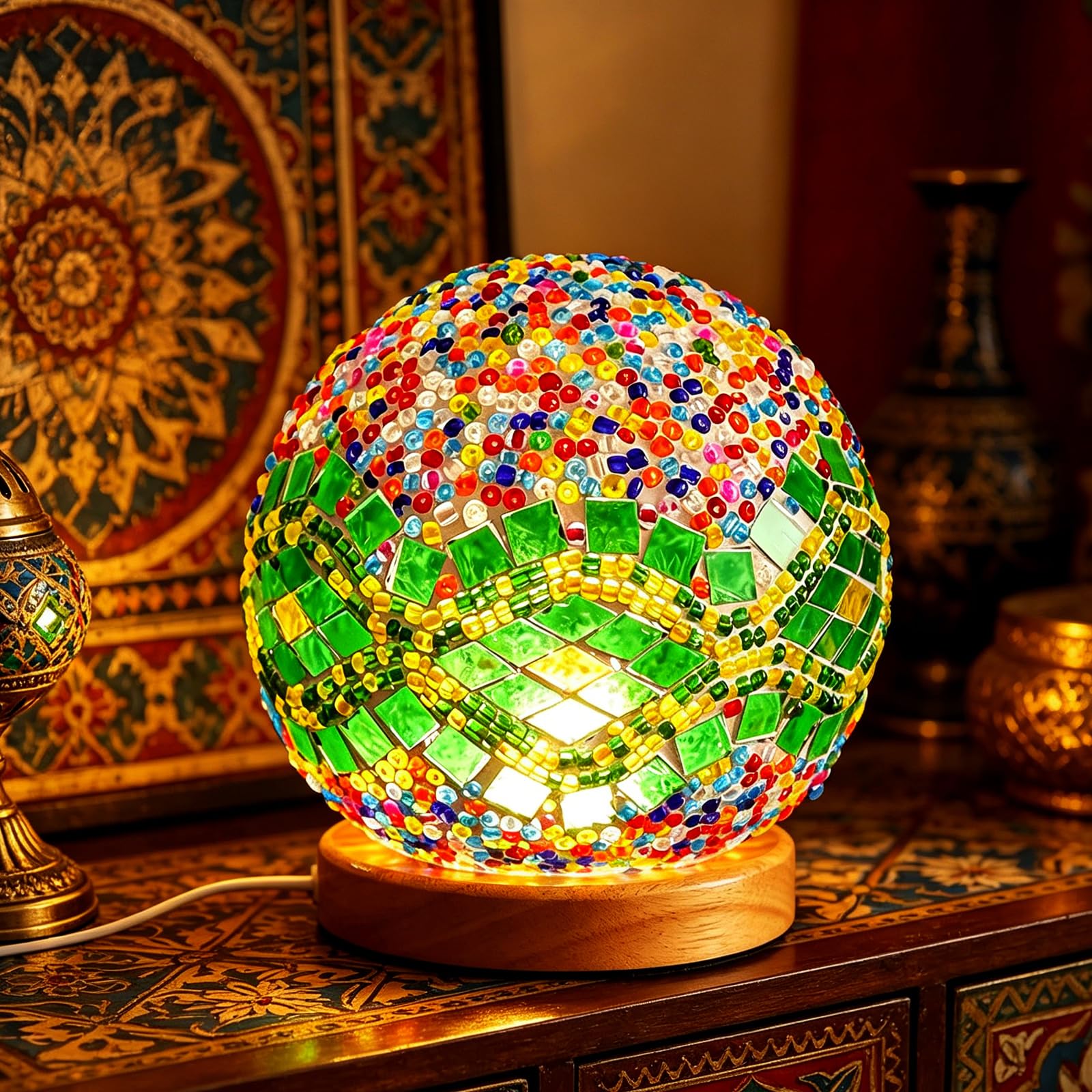 shulovehua Vintage Mosaic Table Lamp Colorful Turkish Night Light USB Power Spherical Glass Lights for Holiday Party Romantic Date Ethnic Home Furnishings Decor(Baroque A - Green, Baroque)
