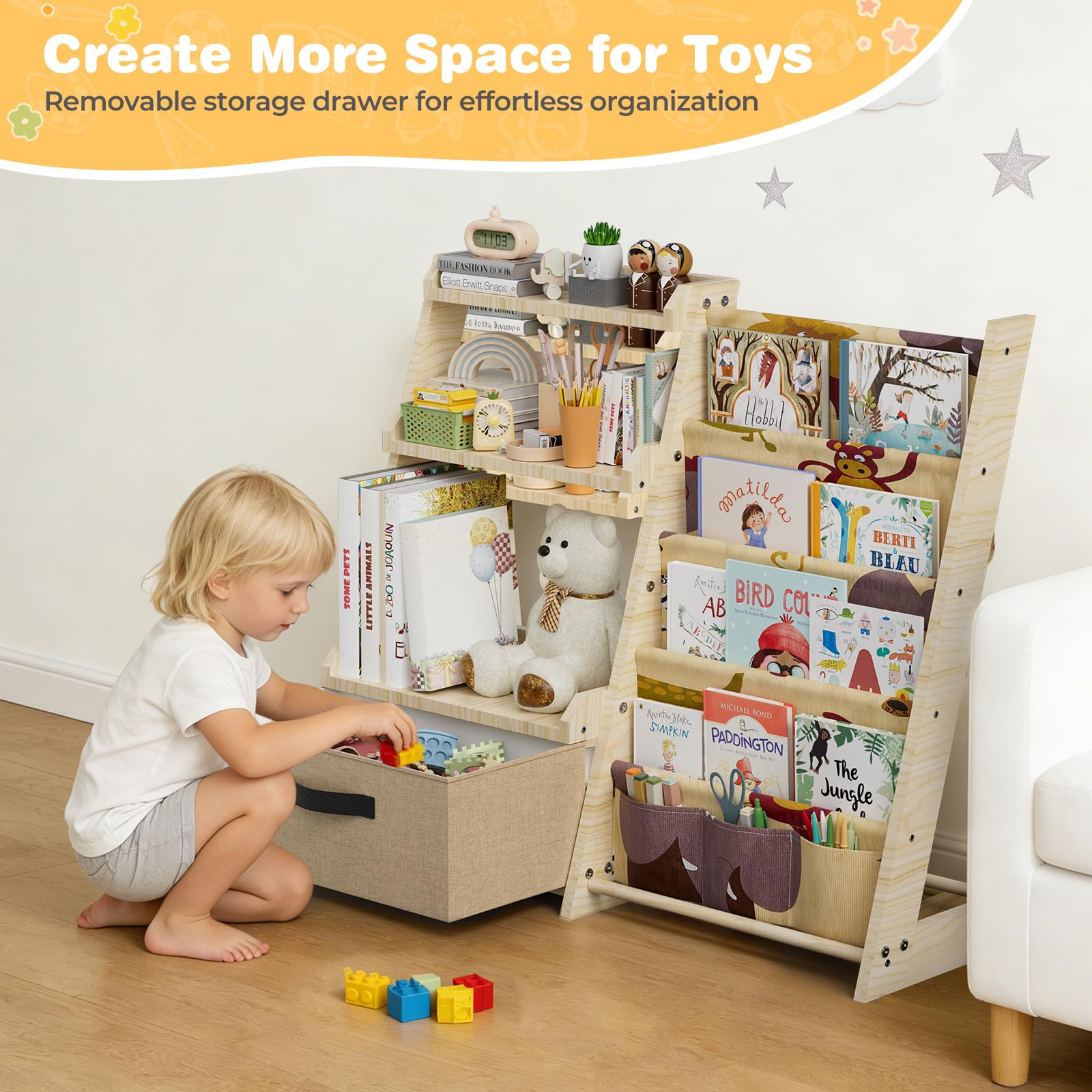 Scaffale per bambini con organizer per giocattoli 2 in 1 – Libreria in legno e tessuto con 4 scomparti, cassetto e tasche portapenne, scaffale sicuro per bambini, altezza 68 cm, per cameretta dei