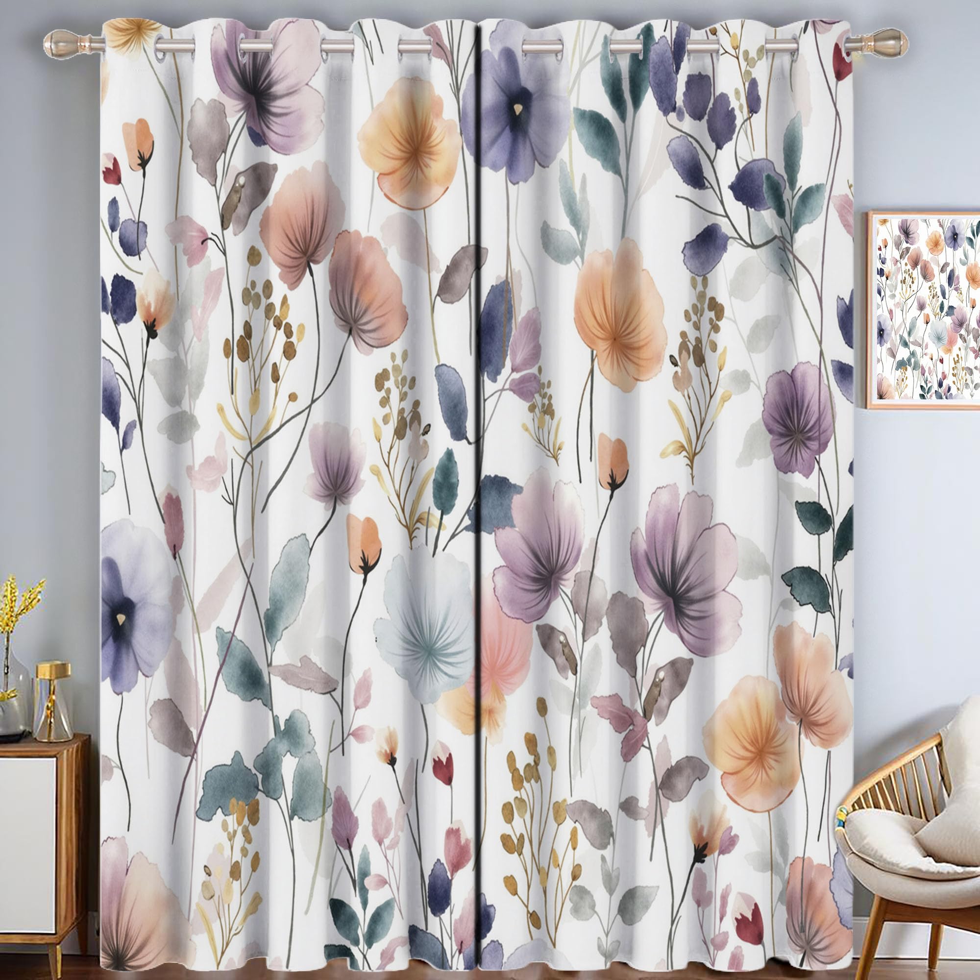 Rideaux occultants fleurs sauvages violettes 140x260 cm | Lot de 2 panneaux pour chambre