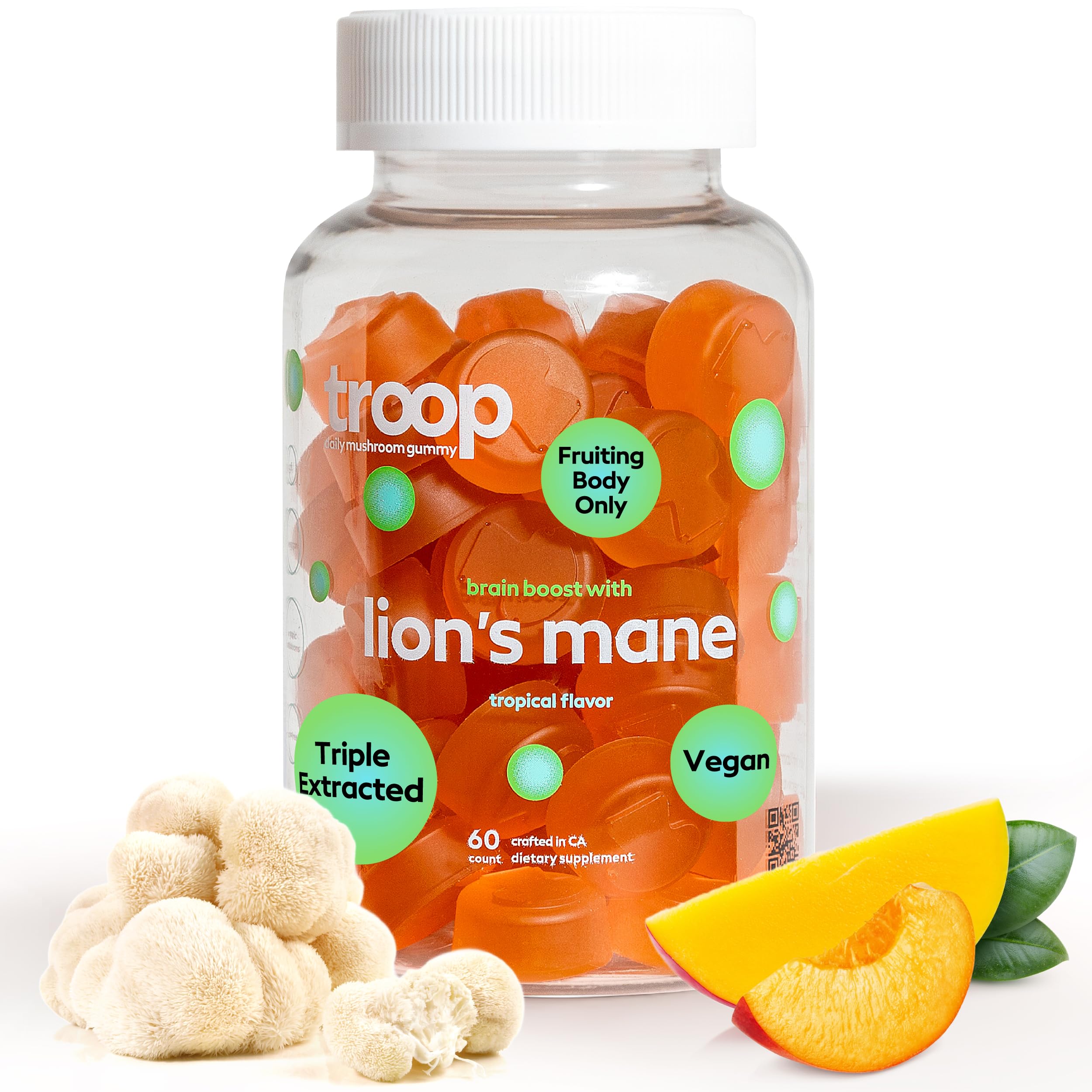 Troop Mushroom Lion's Mane Gummies, Supplement for Focus & Mood, Cognitive, Immune & Memory Support - Brain Boost, Natural Peach Mango Flavored Nootropic with Fruit Body Gummy - Vegan, 60 Count