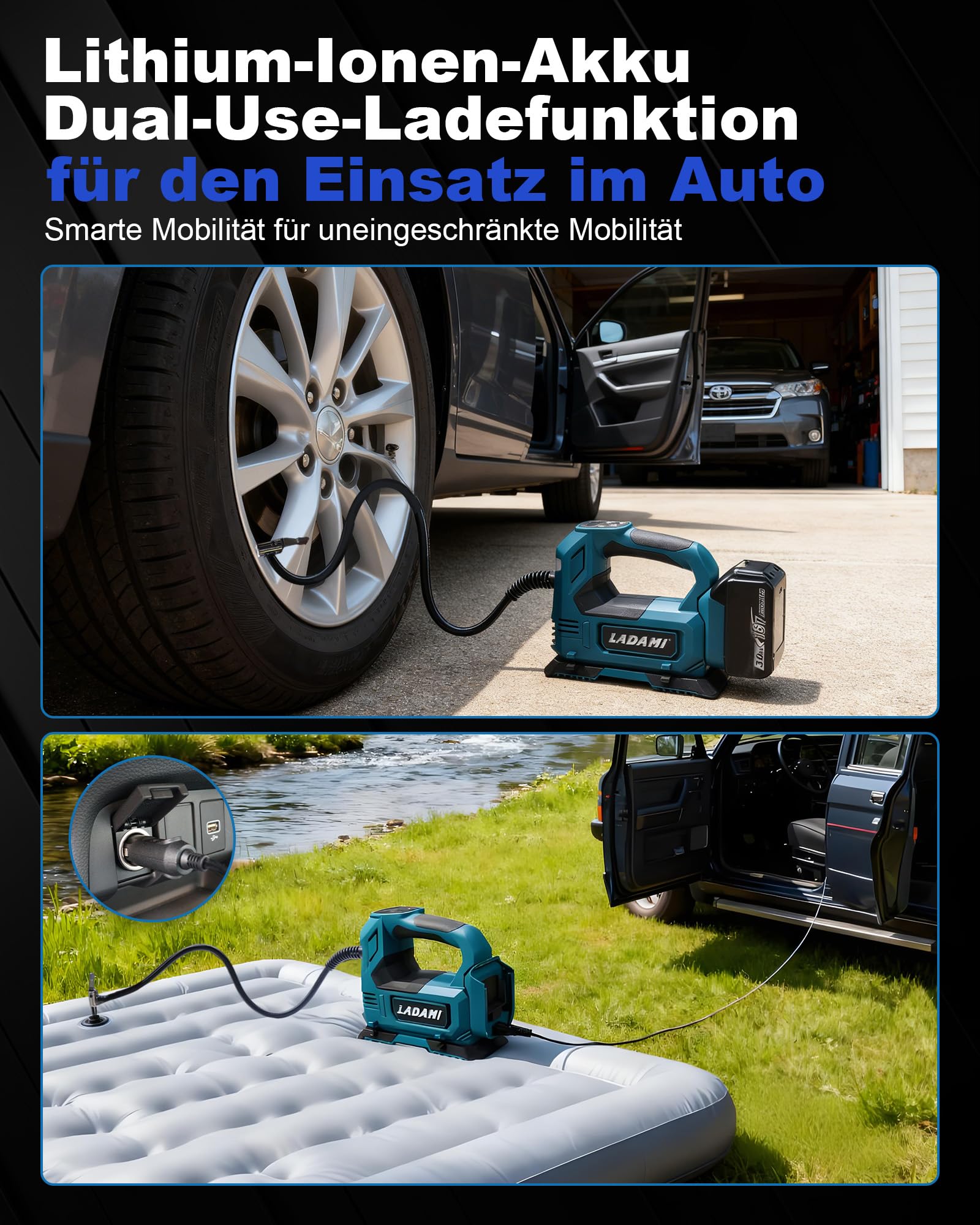 Akku-Kompressor für Makita 18V,Akku Luftpumpe bis150 PSI mit LED-Licht & Autostopp,Tragbare Luftpumpe mit Digitales Manometer,Elektrischer Luftkompressor für Auto, Motorrad,Fahrrad,Sportbälle