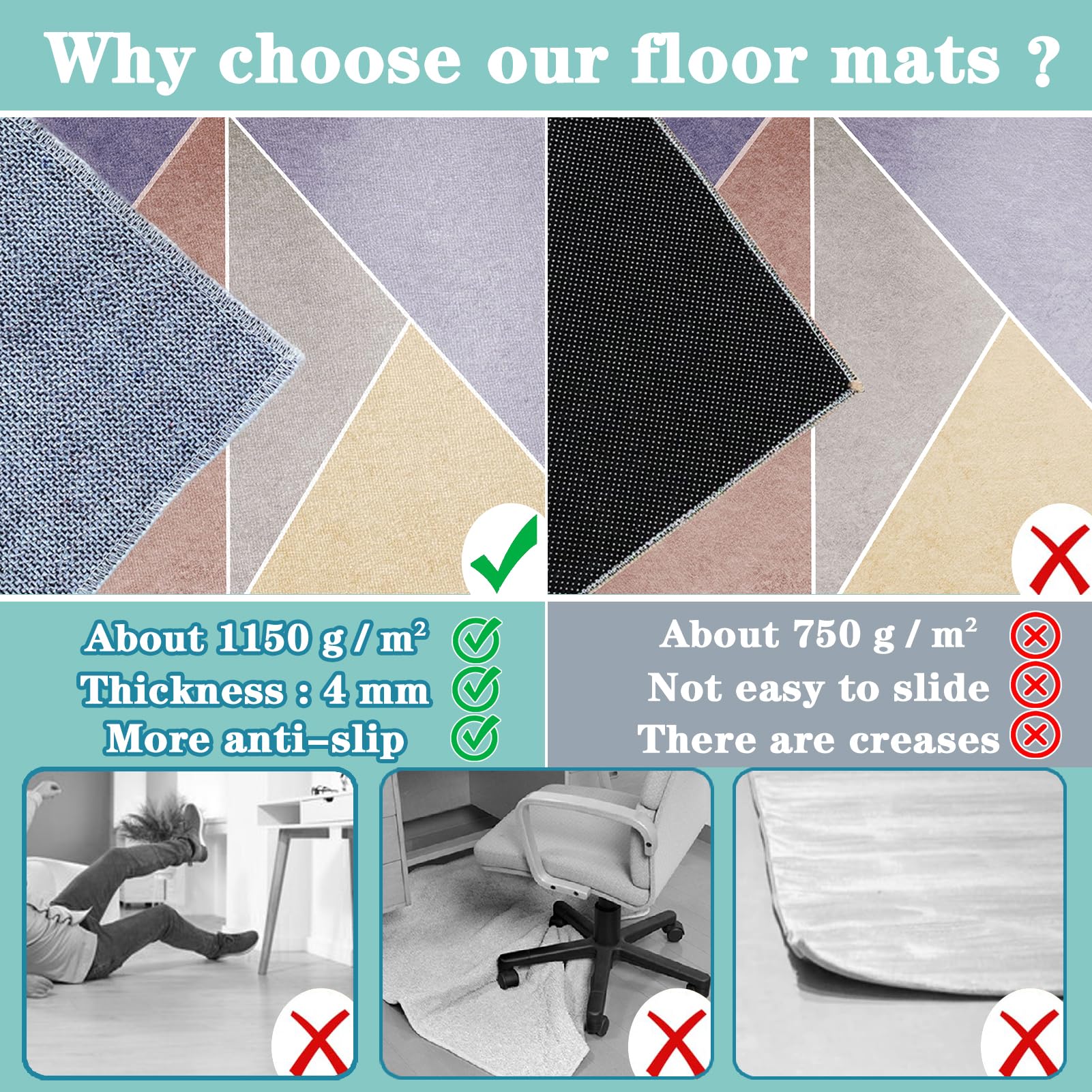 Xiaputcr Floor Mat for Office Chair Office Chair Mat for Hardwood Floor Non Slip Gaming Computer Chair Mat Multi-Purpose Floor Protectors for Rolling Chairs Carpet Protections Chair Mats 100 x 110 cm - Image 5