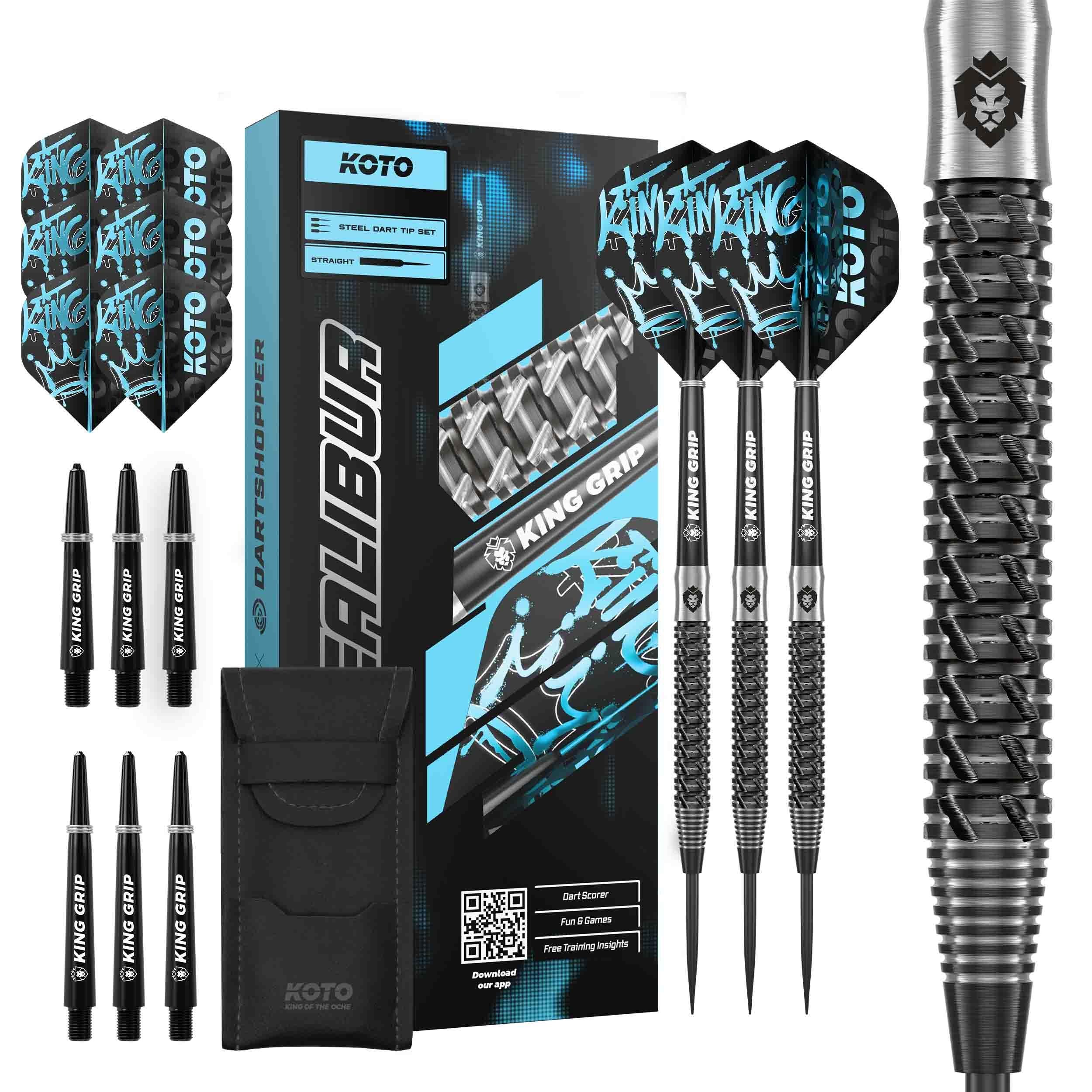 KOTO - Excalibur 90% Darts 21 G, Negro y Plata, Set de Dardos Incluye 3 Barriles, Flights + Shafts y Estuche para Dardos