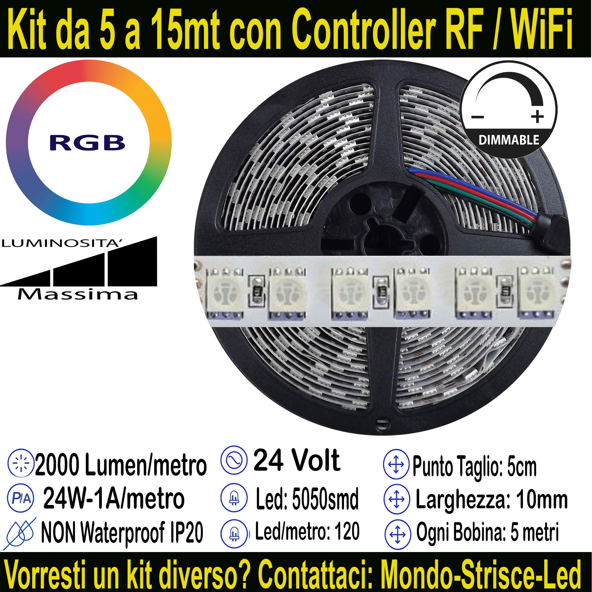 Kit da 10 metri (2 Bobine+1 trasformatore da 300w +1Controller) RGB, 1200Led, 240Watt, 20.000 Lumen 24V RGB. Striscia Led Strip ip20