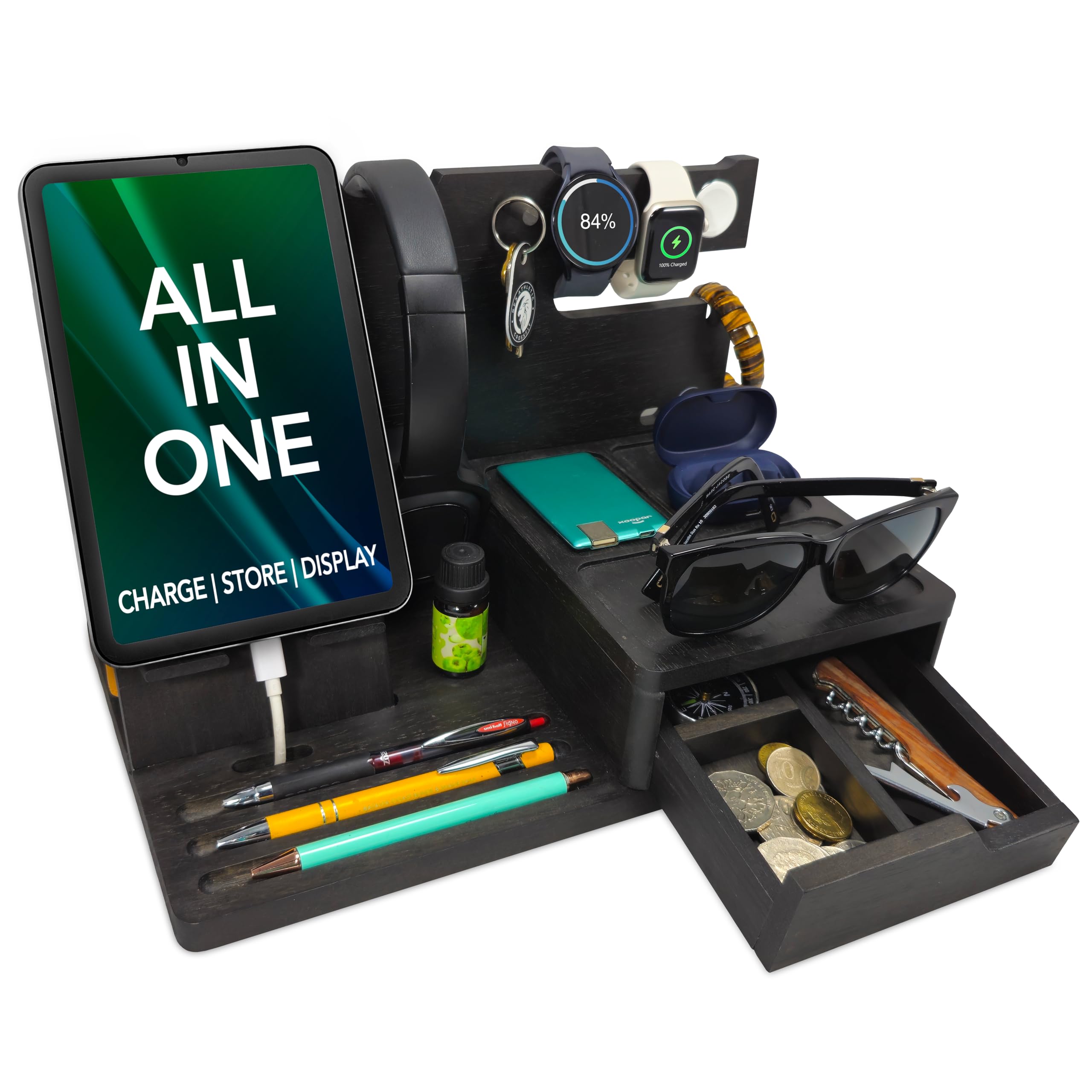 EcoLeafy Dot Nightstand Organizer- Bedside Docking Station for Men- Unique Gifts for Husband, Father or Dad from Wife, Son or Daughter- Desk Organizer