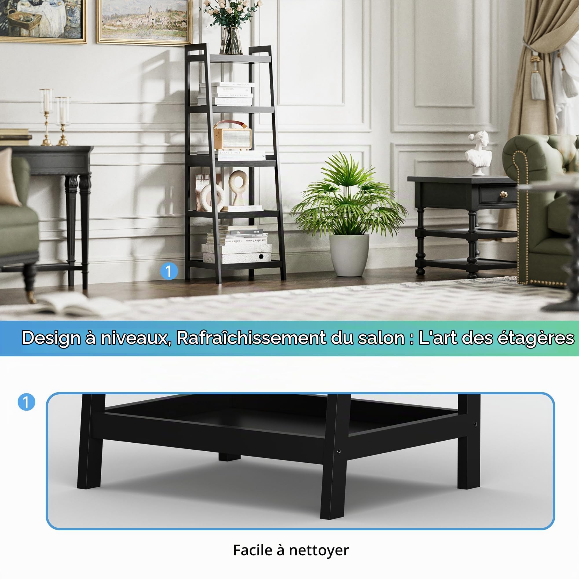 SMIBUY Bibliothèque échelle en Bambou, 4 Niveaux et 5 Niveaux Présentoir de Plantes autoportant Étagères économiseurs d’Espace pour Chambre, Cuisine, Balcon (Noir, 5 Niveaux (127cm H))