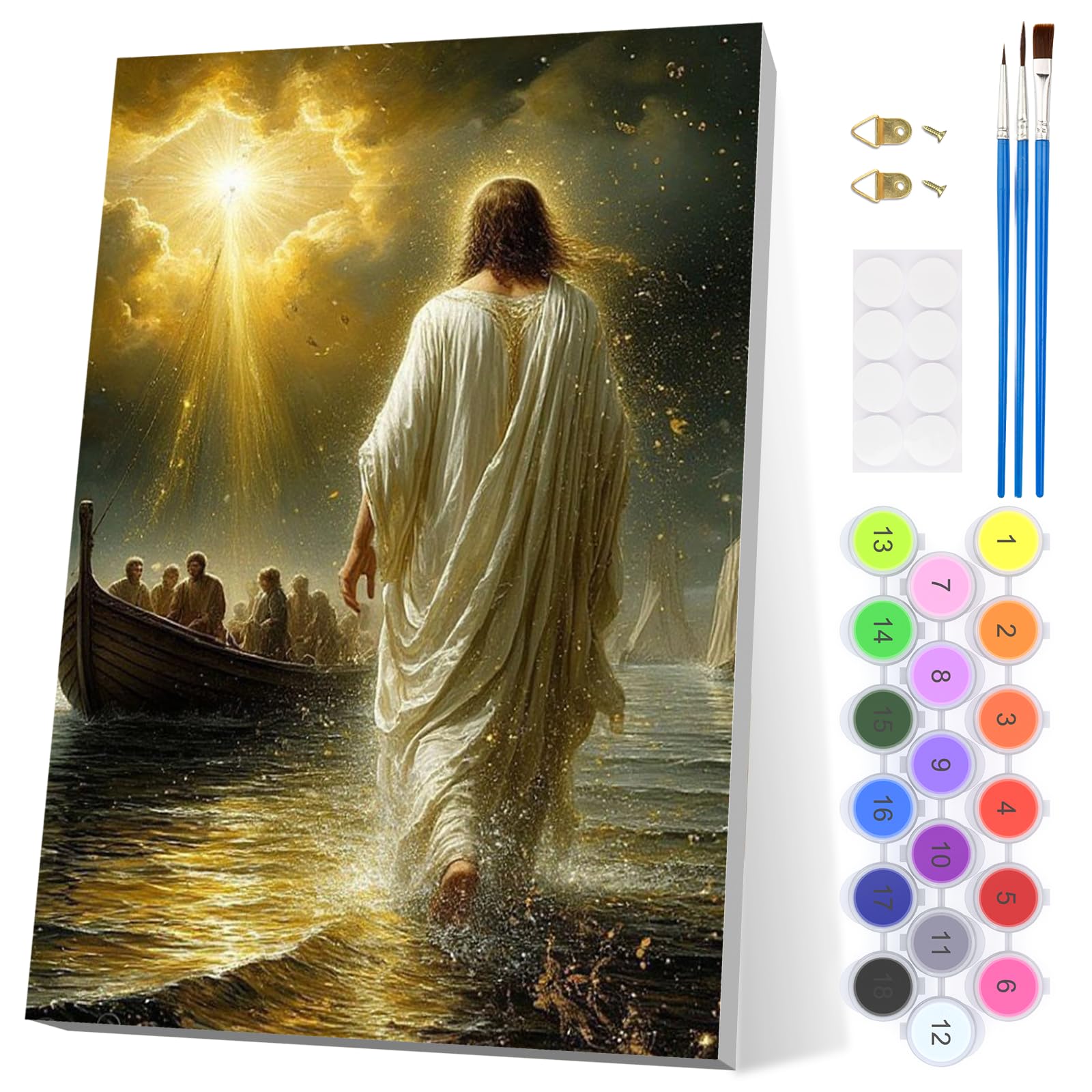 EOBROMD Jesus Paint by Numbers for Adults with Frame, Jesus Walk On Sea Paint by Numbers Kits, Landscape Acrylic Easy Painting by Numbers for Gift Home Wall Decor (8x12in/20x30cm) — image 1