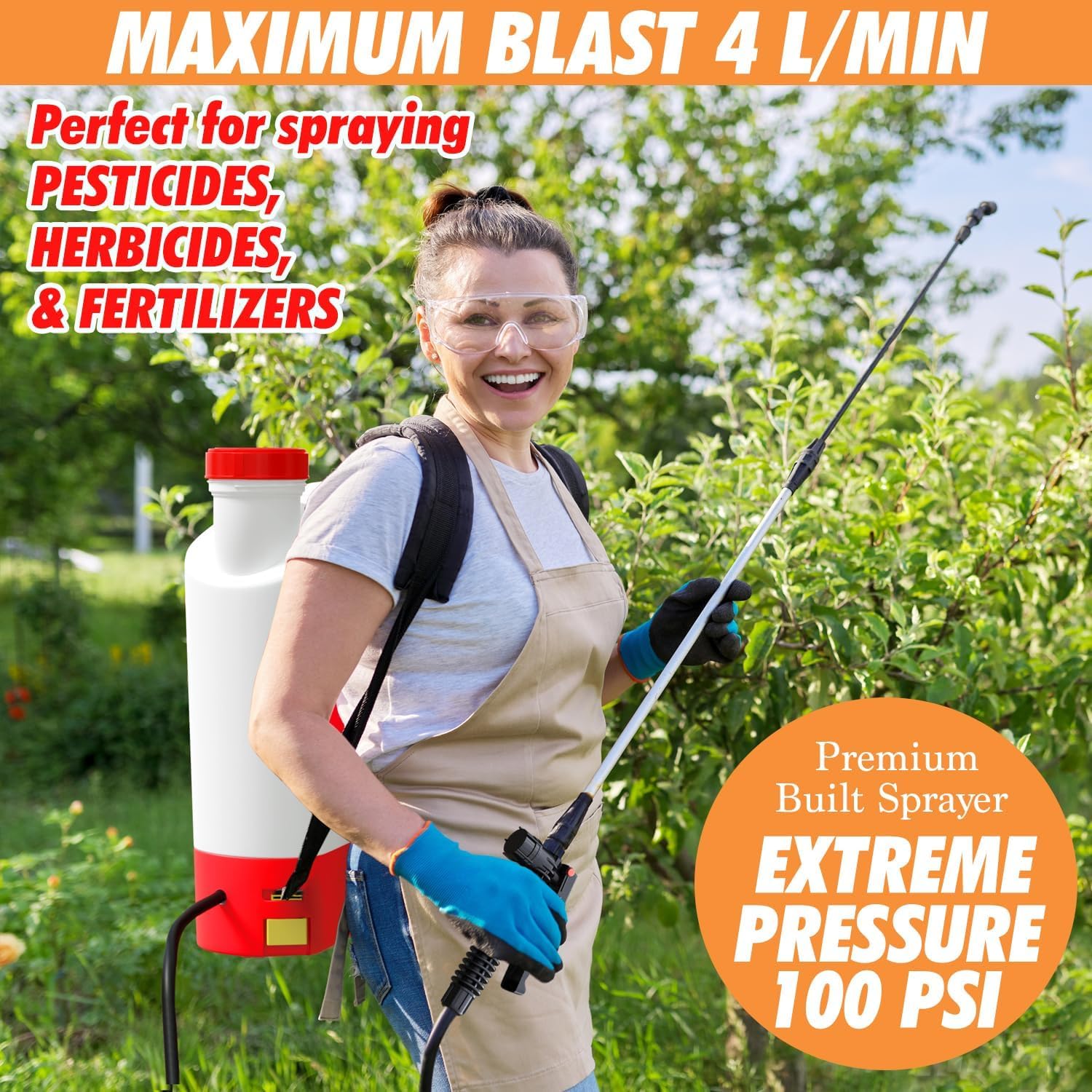 Opryskiwacz do plecaka, zasilany baterią, 8 dysz, butelka pomiarowa 240 ml, ciśnienie odcięcia 100 PSI, długa żywotność baterii, szeroki otwór, wysokociśnieniowy wąż natryskowy, blokada spustu, kontroler pokrętła ciśnieniowego