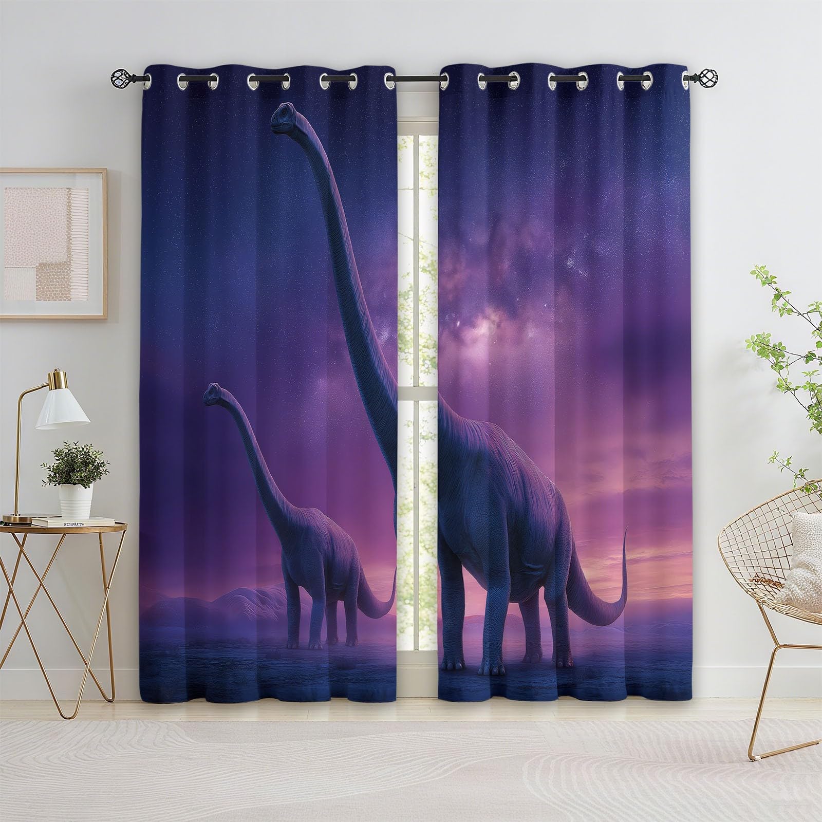 Fantasy Gwiaździsta Dolina, Brontozaur, Zasłony zaciemniające do pokoju dziecięcego (szer. 234 x dł. 183 cm), jasnofioletowe, izolacja termiczna, przelotki, zasłony zaciemniające do sypialni i salonu