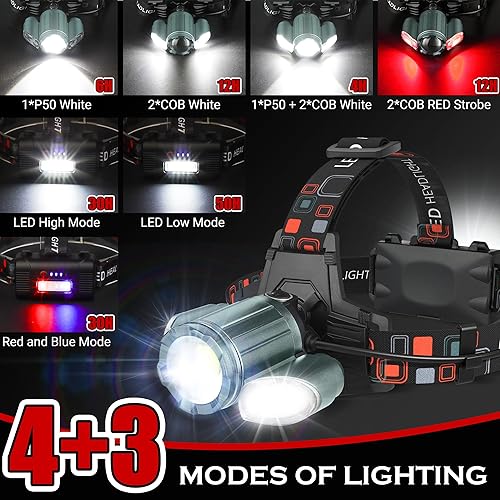 Miniatura 4 de Linterna frontal recargable gris, lámpara de cabeza de 10000 lúmenes altos, luz LED súper brillante, accesorios de campamento con luz roja, 4 modos
