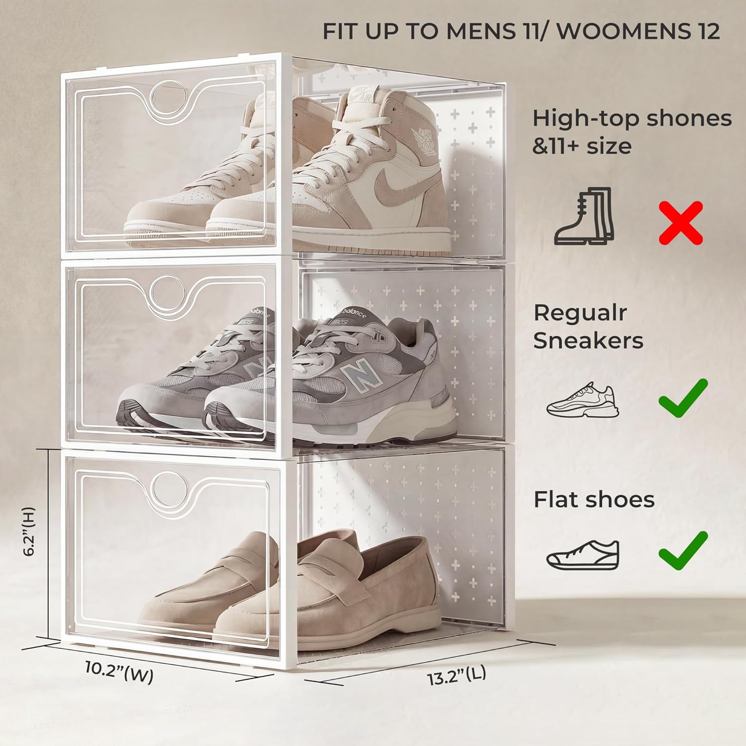 Pinkpum 15 Pack X-Large Shoe Storage Boxes Fit US Size 11, Shoe Organizer for Closet Clear Plastic Stackable Shoe Dispaly Case Holder Bins, Sneaker Storage for Sneakerheads White for Home and Family