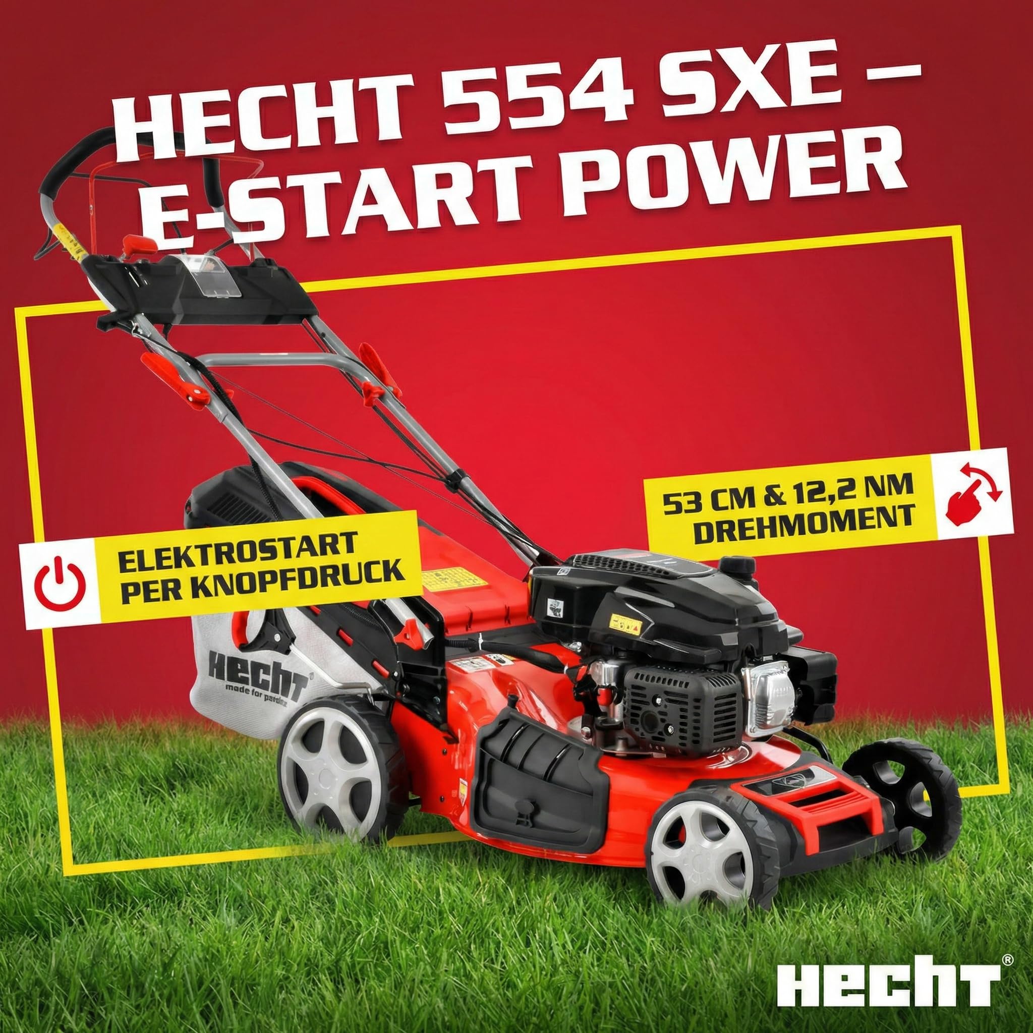 HECHT 5in1 Benzin Rasenmäher 6,0 PS – 53 cm mit Elektrostart & Radantrieb | 4-Takt Eco Motor mit 4,4 kW, 75 L Fangkorb, Mulchfunktion und Seitenauswurf – für Rasen & Garten