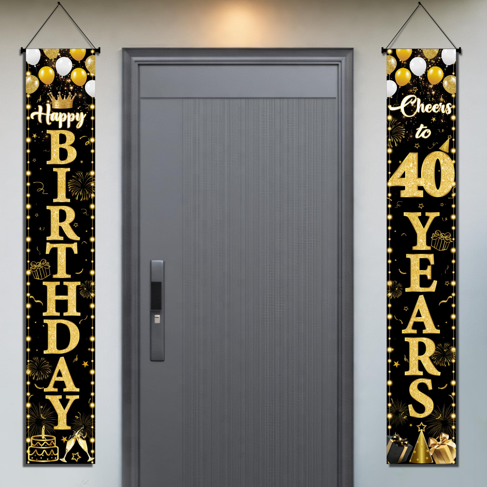 40th Birthday Decorations Door Banner - 2 Pcs Black Gold Happy Birthday 40 Years Old Party Decoration Sign for Men Women Personalised Cheers to 40 Party Door Decor Supplies