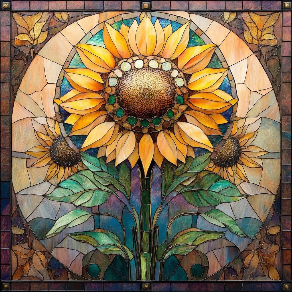 5D Pintura Diamante Kit Girasol, Diamond Painting Vidrio, Diamond Painting Adultos Niños, Cuadros de Diamantes Kit Completo, Artesanías Bordado Decoración de la Pared Del Hogar 70x70 cm V-1083