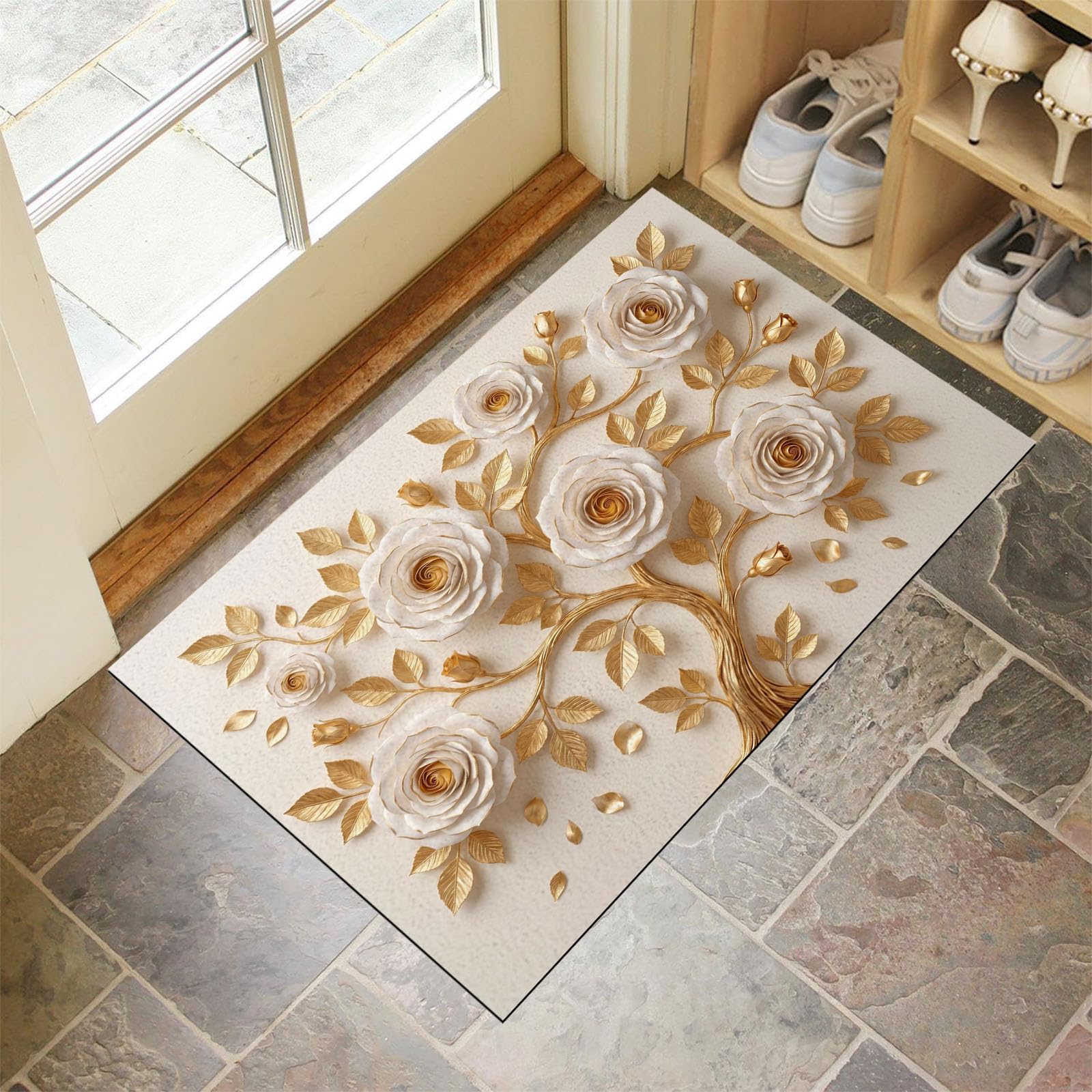 Zerbino Con Rilievo 3D Di Lusso Di Rami D'Albero Di Benvenuto, Tappeto Ingresso Antiscivolo Elegante Rosa Bianca Beige, Tappetino Lavabile Decorazione Per La Casa Per Portico Esterno, 60X90Cm
