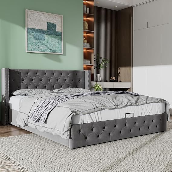 Ottoman Lift Storage Bed, 5ft King Size Bed Frame with Hydraulic Lever, Velvet Button-Tufted Upholstered Bed Frame with Gas Lift Up Underbed Storage, 150 x 200 cm Functional Bed, Grey, No Mattress
