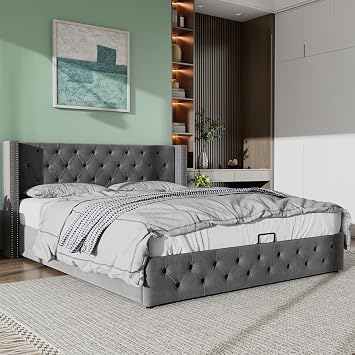 Ottoman Lift Storage Bed, 5ft King Size Bed Frame with Hydraulic Lever, Velvet Button-Tufted Upholstered Bed Frame with Gas Lift Up Underbed Storage, 150 x 200 cm Functional Bed, Grey, No Mattress