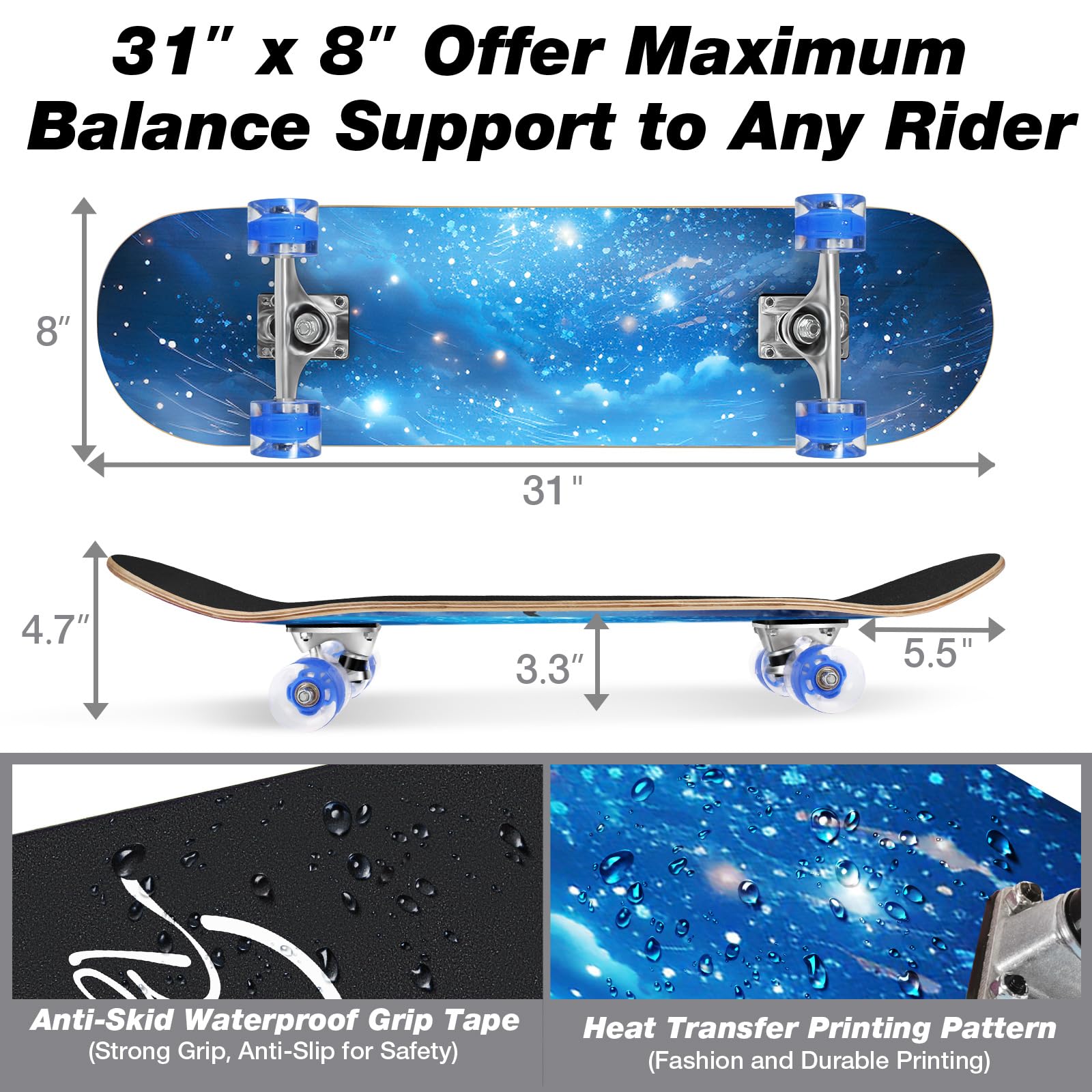 BELEEV Skateboard 22 Zoll Komplette Mini Cruiser Retro Skateboard für Kinder