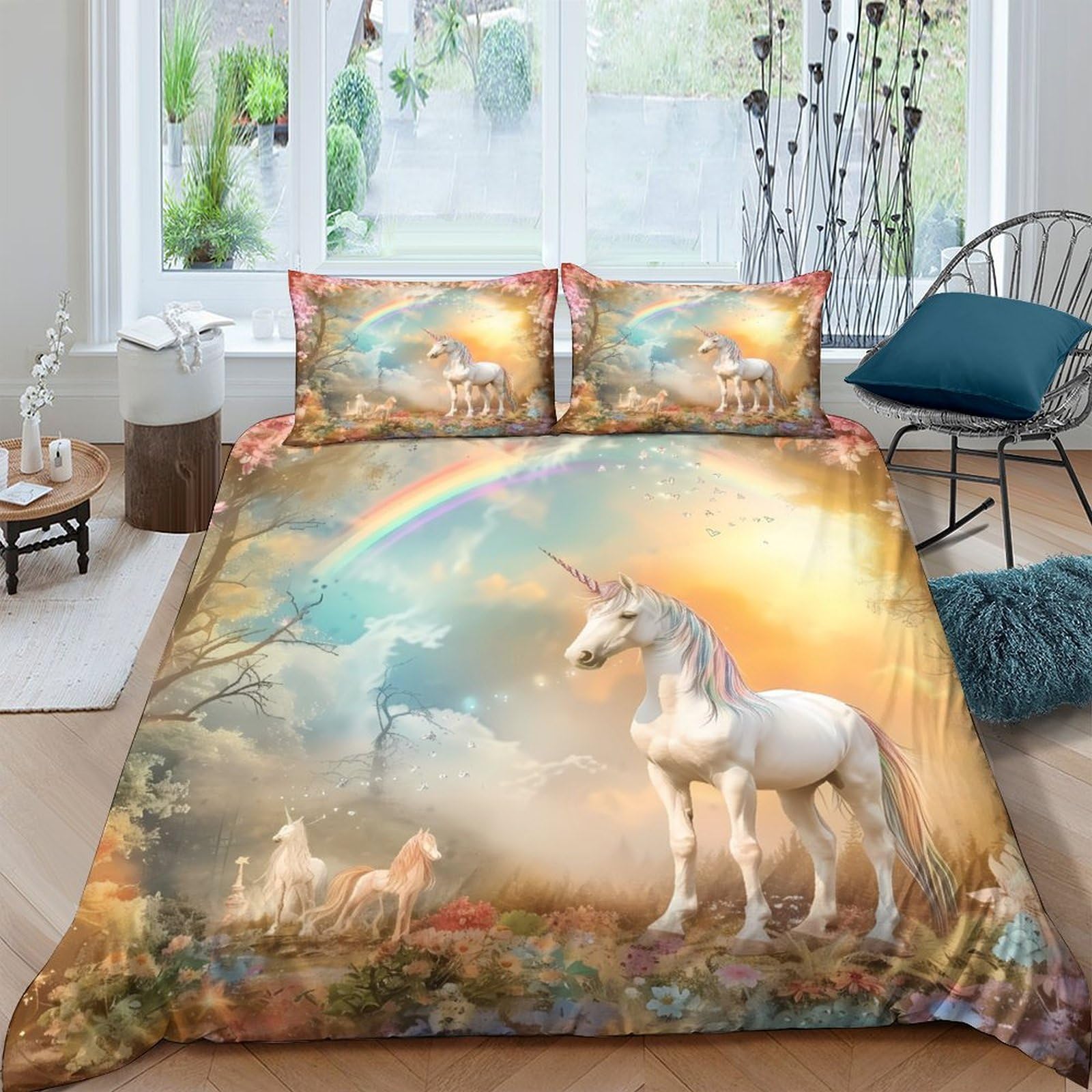 Ctjqhvkz Style-8 3D Printed Unicorn Rainbow Fitted Sheet Microfiber Soft Anti-Slip Fantasy Horse Mattress Cover For Bedroom Dorm Decor Single（135X200cm）