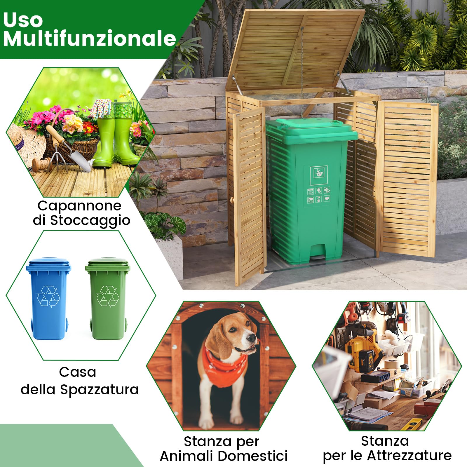 COSTWAY Copribidone Spazzatura Esterno, Contenitore per Bidone 120 L in Legno, Copribidone per Raccolta Differenziata con Coperchio Apribile, Doppia Porta e Serratura, per Giardino e Cortile (1)