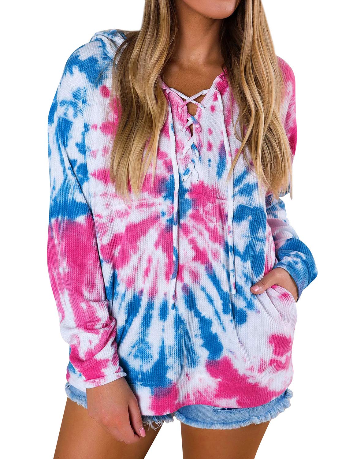 Nlife Women Fall Tie Dye Sweatshirt Lightweight Color Block Lace up Pullover Hoodie Long Sleeve Casual Blouses