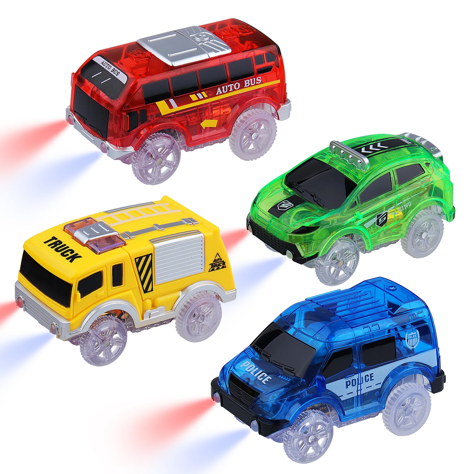 Coches Para Niños,Paquete De 4 Autos De Pista,Coches Mágicos Que Brillan En La Oscuridad Accesorio De Pista De Repuesto Compatible Con La Mayoría De Las Pistas,Coches Para Niños 2 3 4 5 6 7 8 Años