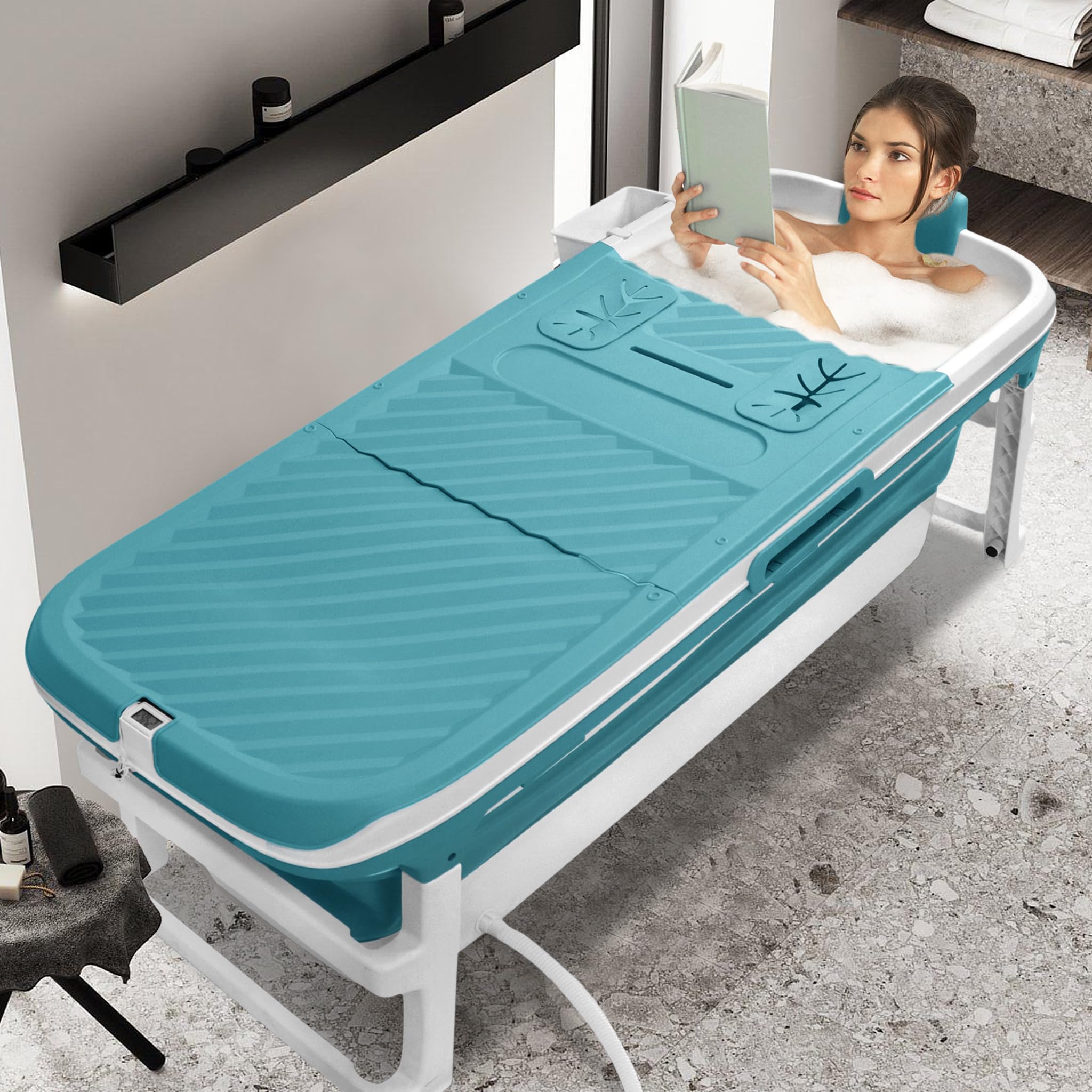 LZQ Vasca da bagno pieghevole per adulti con indicatore di temperatura, vasca da bagno pieghevole con coperchio, per bagno, doccia e balcone, 132 x 61 x 54 cm
