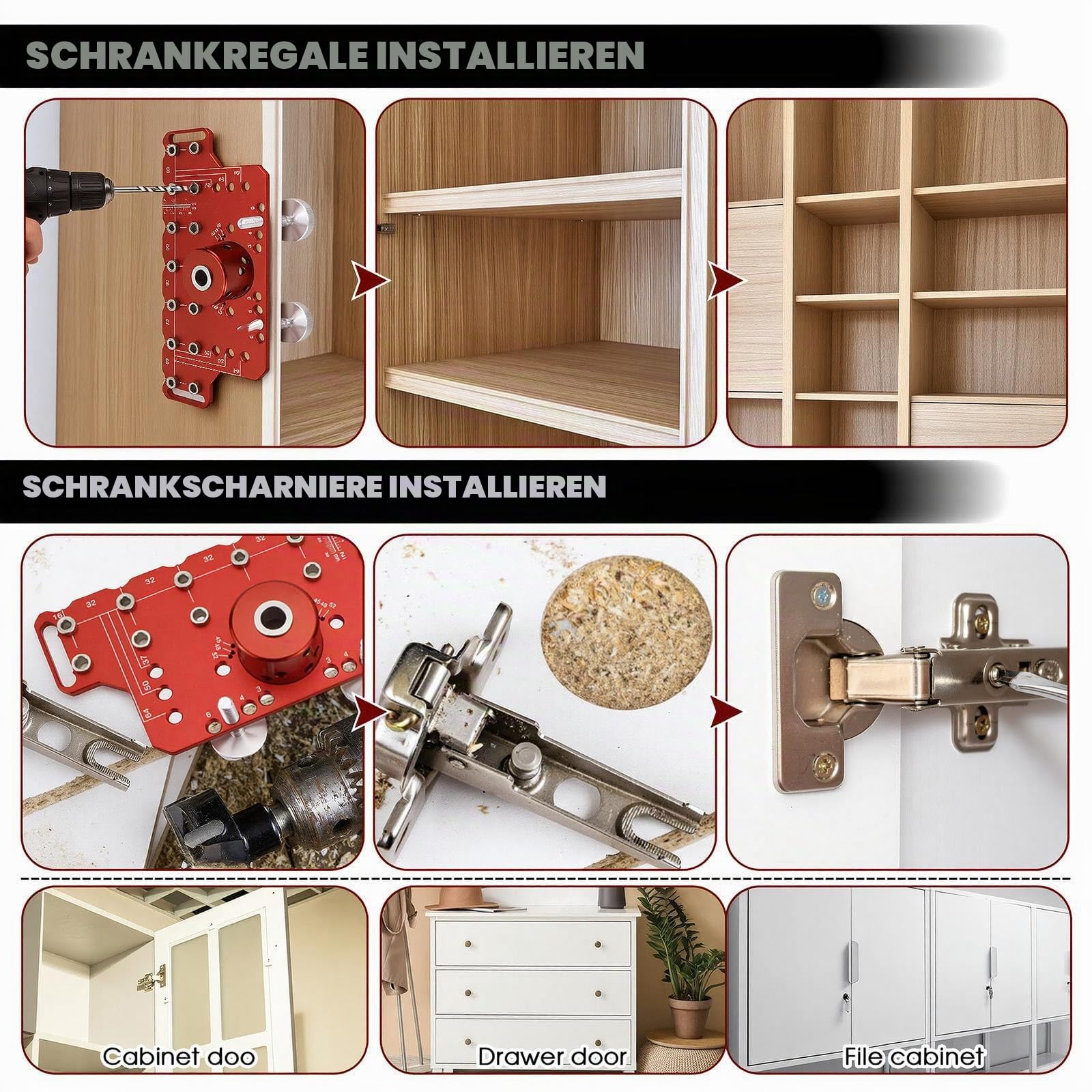 2 in 1 Bohrschablone, 35mm Scharniervorrichtung, Lochreihenschablone für Regalstifte, inkl. 5mm und 1/4 Zoll Bohrer, Präzises DIY Holzbearbeitungswerkzeug für Möbelbau