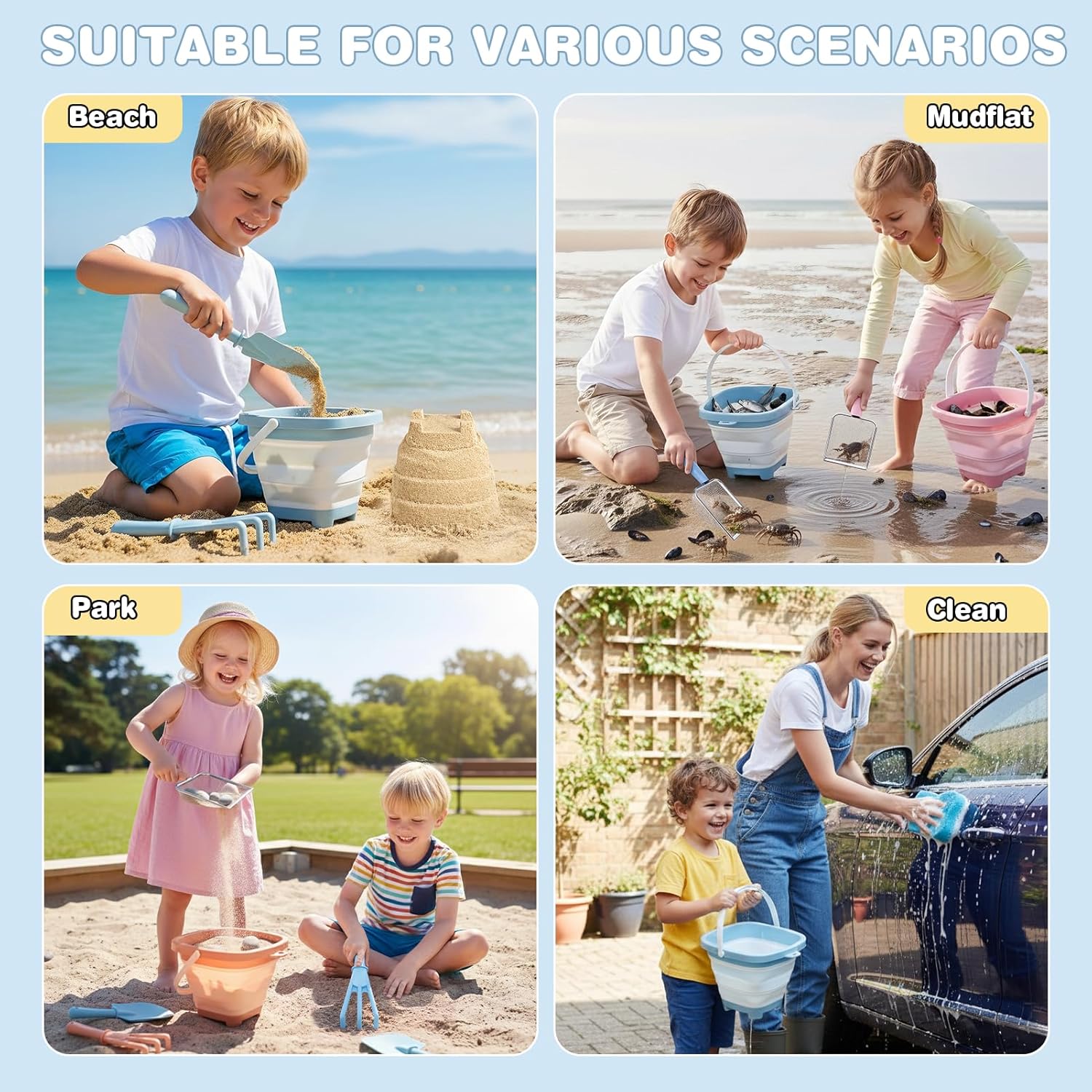 Beach Sand Toys Mesh Shovel Set for Kids, 3 Pack Collapsible Sand Buckets and Filter Sand Scooper with Mesh Bag for Shell Collecting, Shark Tooth Sifter Dipper Sandbox Toys for Toddlers Boys Girls - Image 7