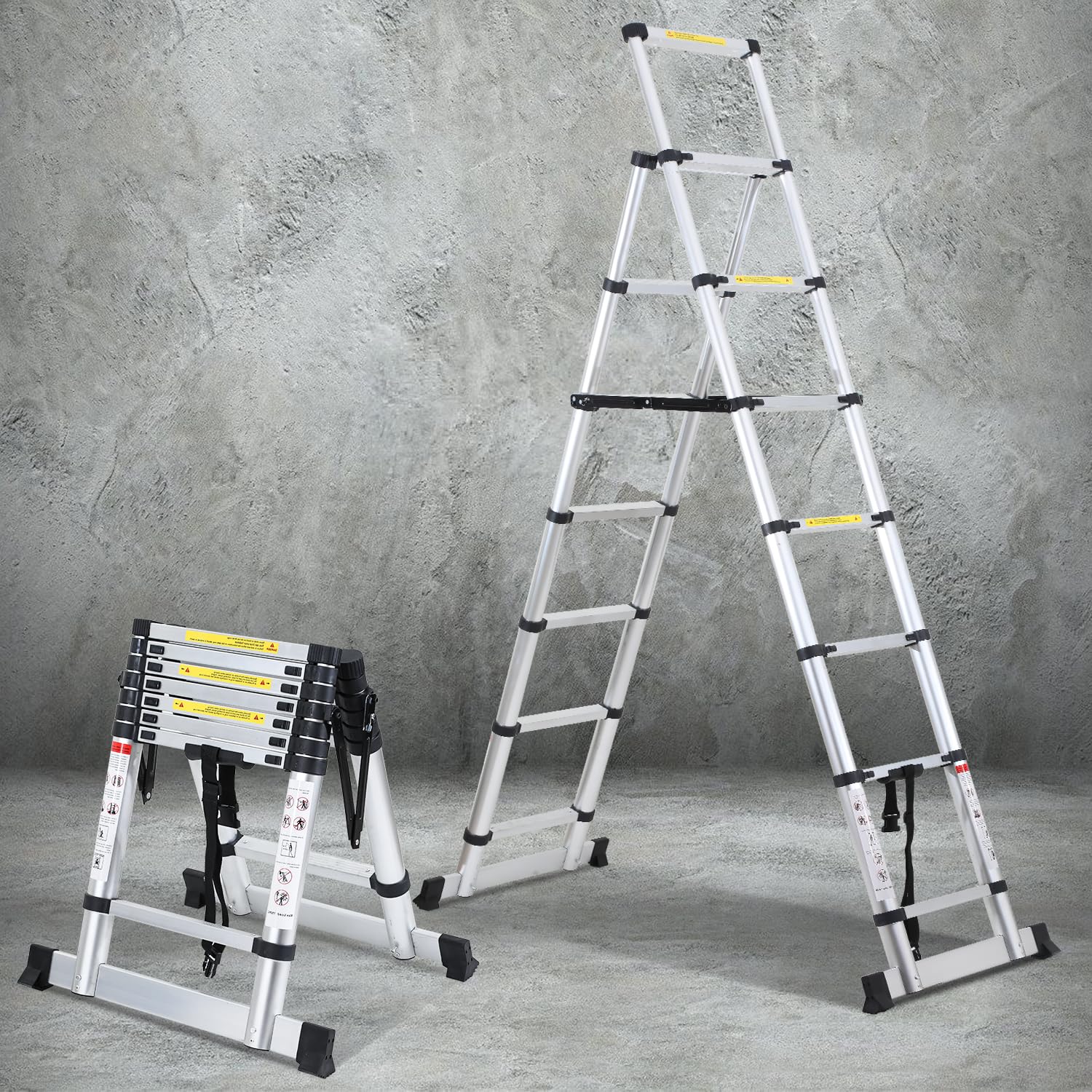 Escalera telescópica plegable de 2,0 m + 2,3 m, marco en forma de A, 6 + 7 peldaños, carga máxima de 150 kg, escalera extensible de aluminio para reparaciones de techo, tamaño plegada 69 cm
