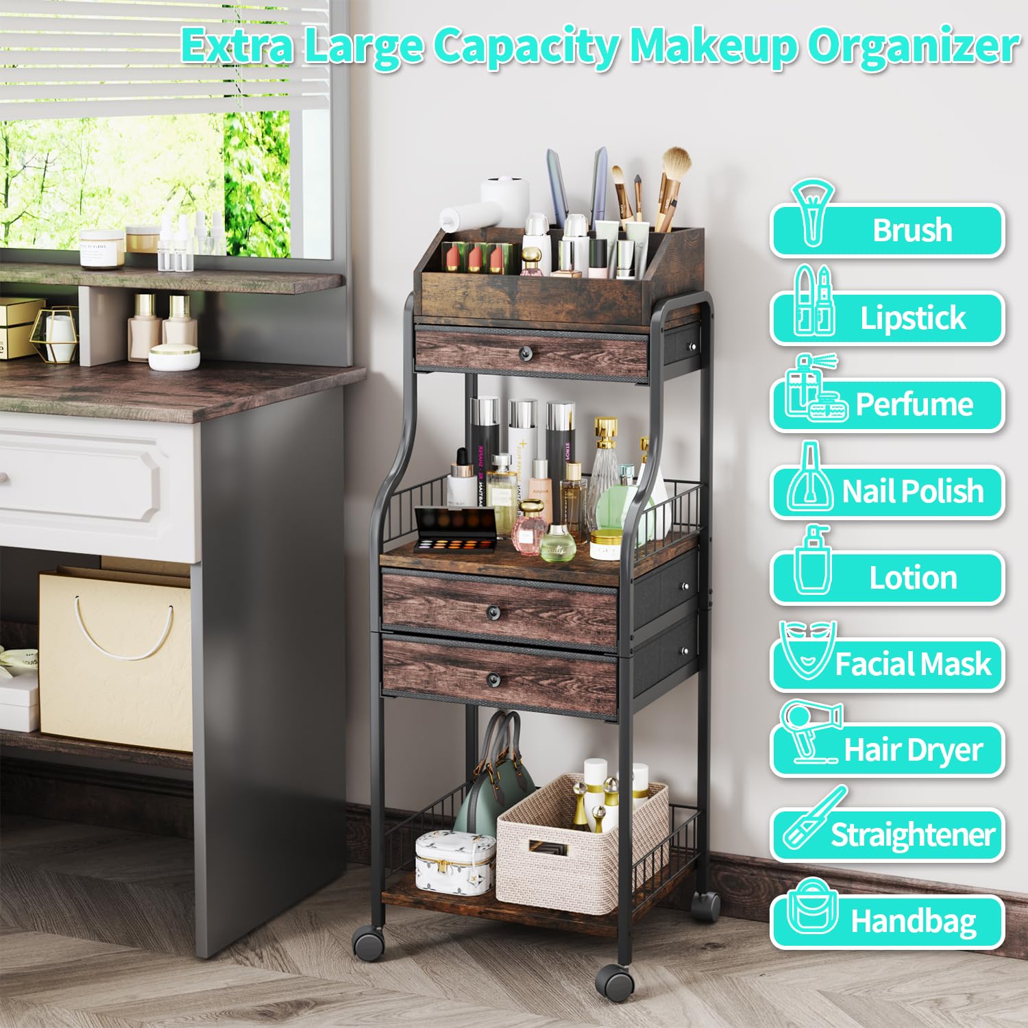 HapiRm Kosmetikwagen mit Rollen Schminktisch Organizer - Vanity Kosmetik Rollwagen mit Schubladen für Hautpflege Nagellack Parfüm Make-up-Pinsel