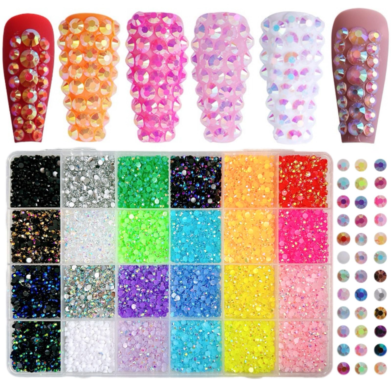 Zestaw do bedazzling z klejem i piórem, 24000/30000/32000 szt. żywicy żelowej z kryształkami do bedazzling, wielokolorowe kryształki płaskie z 3 szt. kleju 10 ml do DIY artystyki paznokci, rzemiosła