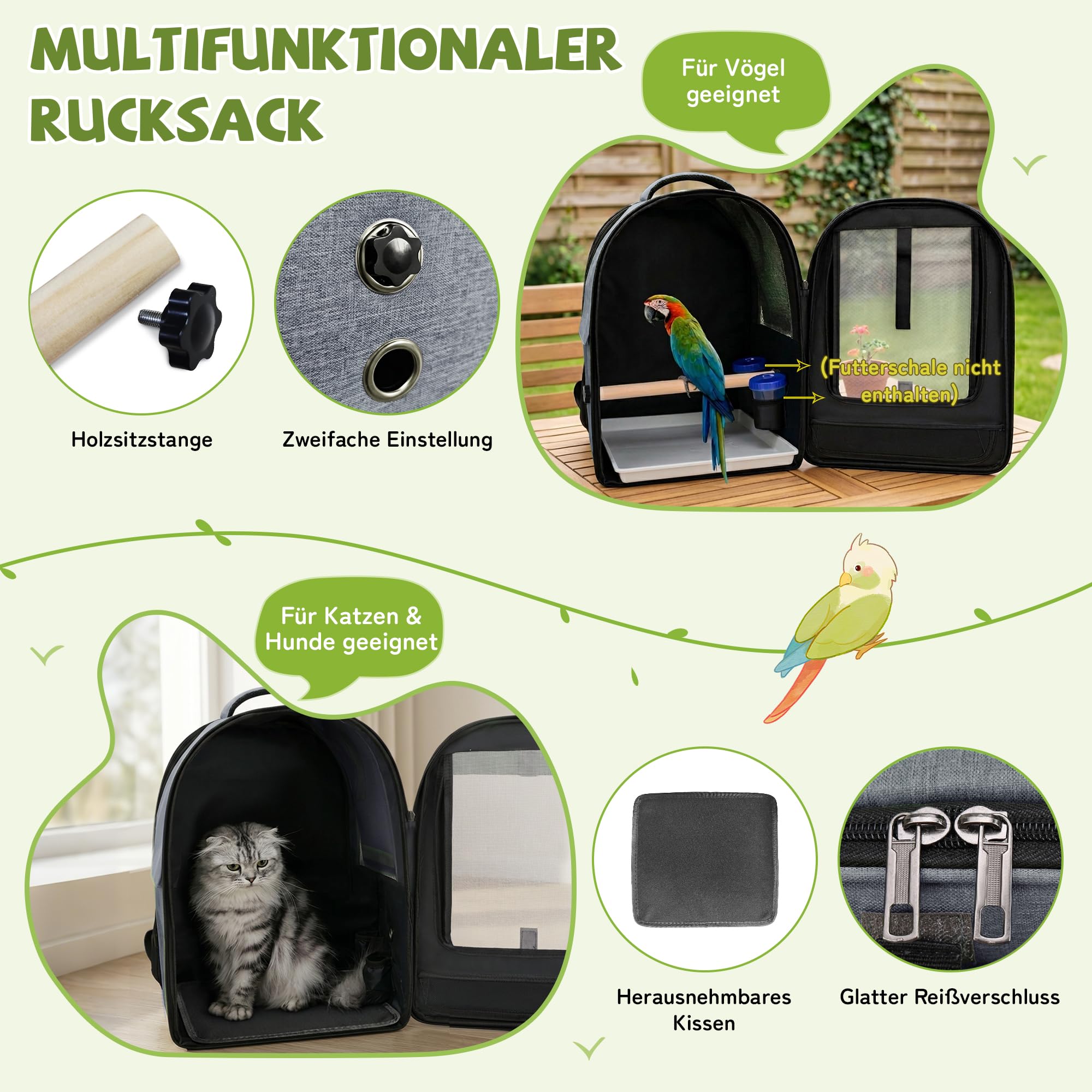 ALLSOPETS Vogelrucksack Leicht und Atmungsaktiv Tragbarer Papageiträger für Kleine Tiere mit Ständer Verstellbarer Höhe und Sichtfenster ideal für Reisen (Anthrazitgrau)