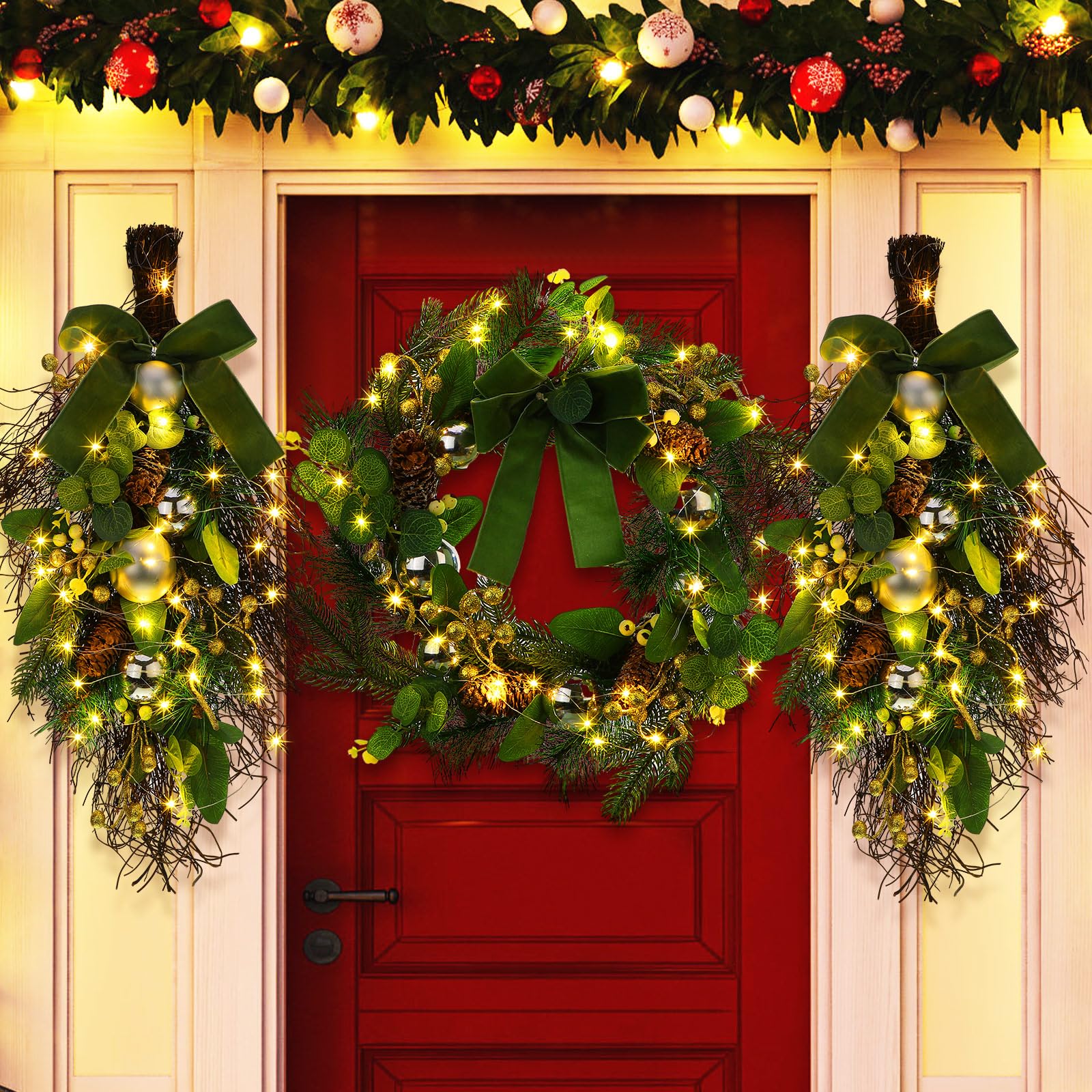 Meooeck 3 Pcs Christmas Pre Lit Wreath and Swag with Lights Artificial 24in Christmas Garland for Front Door Outdoor Indoor Home Party Decoration with Bow Pine Cones Berries Battery Operated (Green)