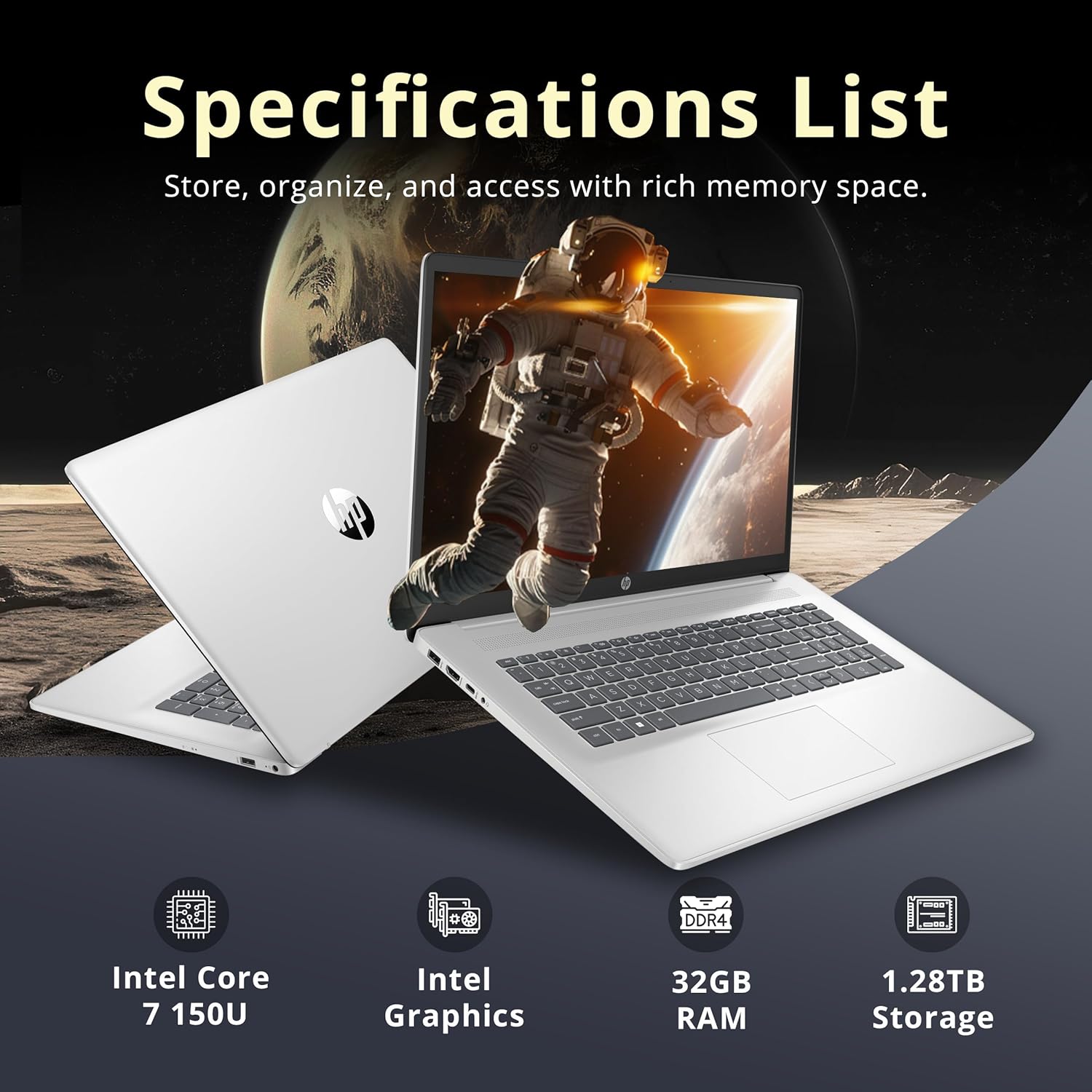 HP 17.3" FHD IPS Anti-Glare Laptop, Intel 7-150U, 32GB RAM, 1.28TB Storage (1TB SSD+288GB Docking Station Set), Intel Graphics, Num Pad, Wi-Fi 6, 1080p Webcam, Fast Charge, Win 11 Pro, Silver