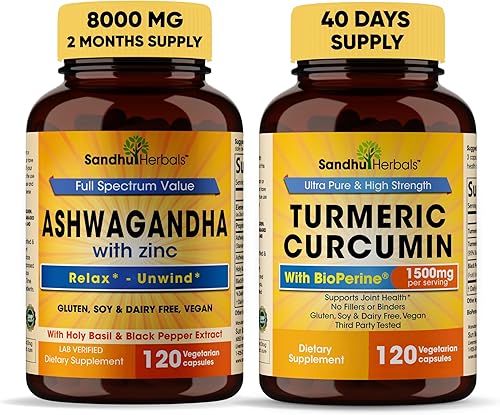 Sandhu Herbals Ashwagandha orgánica 4 en 1 con zinc y curcumina de cúrcuma orgánica con extracto de pimienta negra bioperina Apoya el sistema