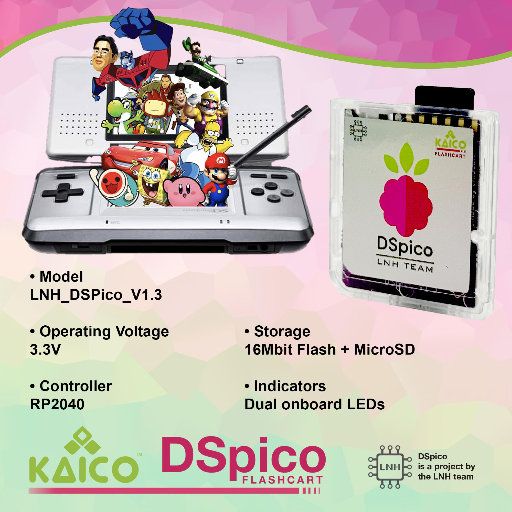 Kaico Edition DSpico for use with Nintendo DS/DSi with 8GB Micro SD Card by the LNH Team - Powered by RP2040 MCU – Dual Power, 6MB/s SD Read, DS Mode & Pico Launcher Support