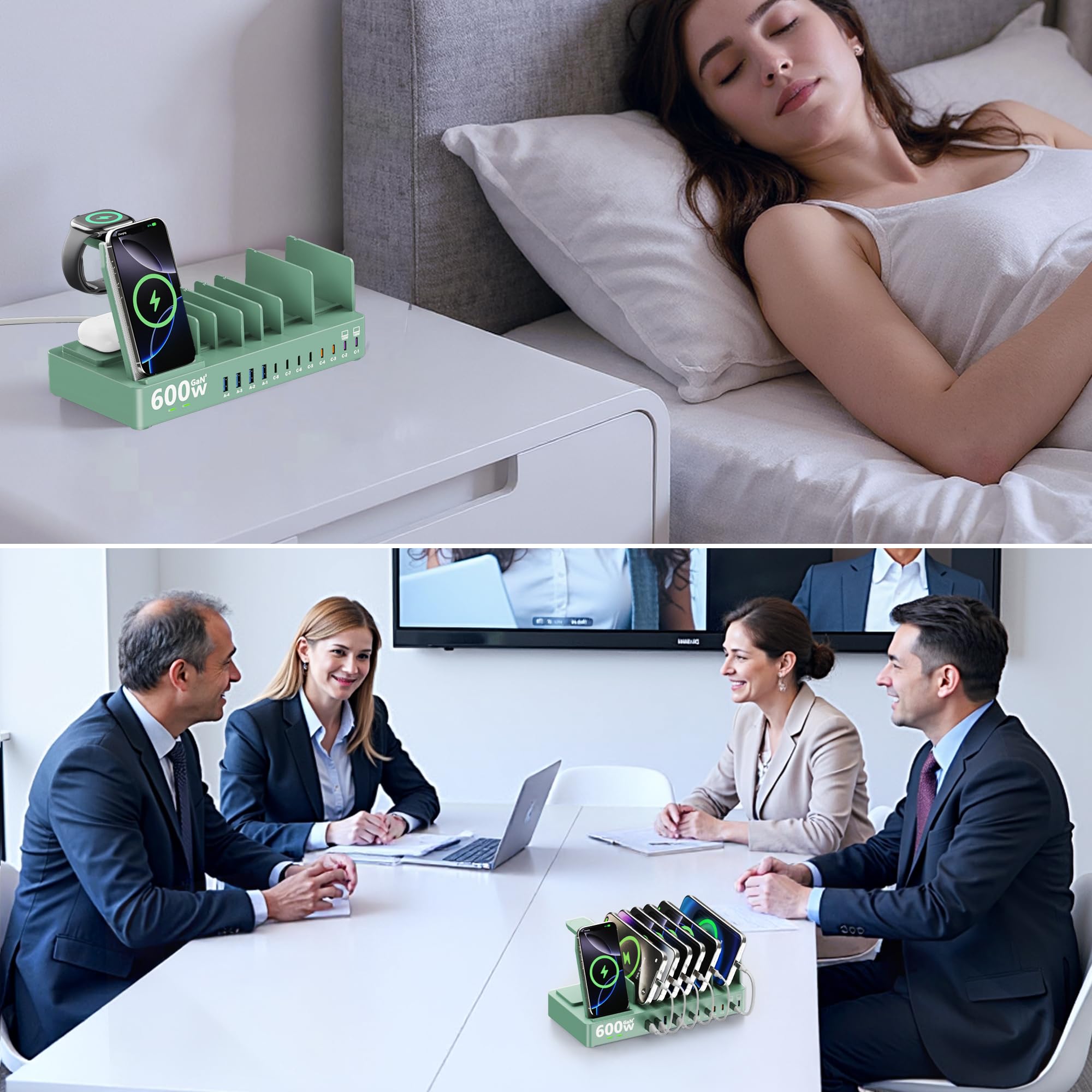 Estación de carga de 600 W para múltiples dispositivos, cargador inalámbrico 15 en 1 con 2 cables de carga USB C de 100 W, estación de carga dual USB C de 100 W para MacBook, iPhone, iPad, tableta
