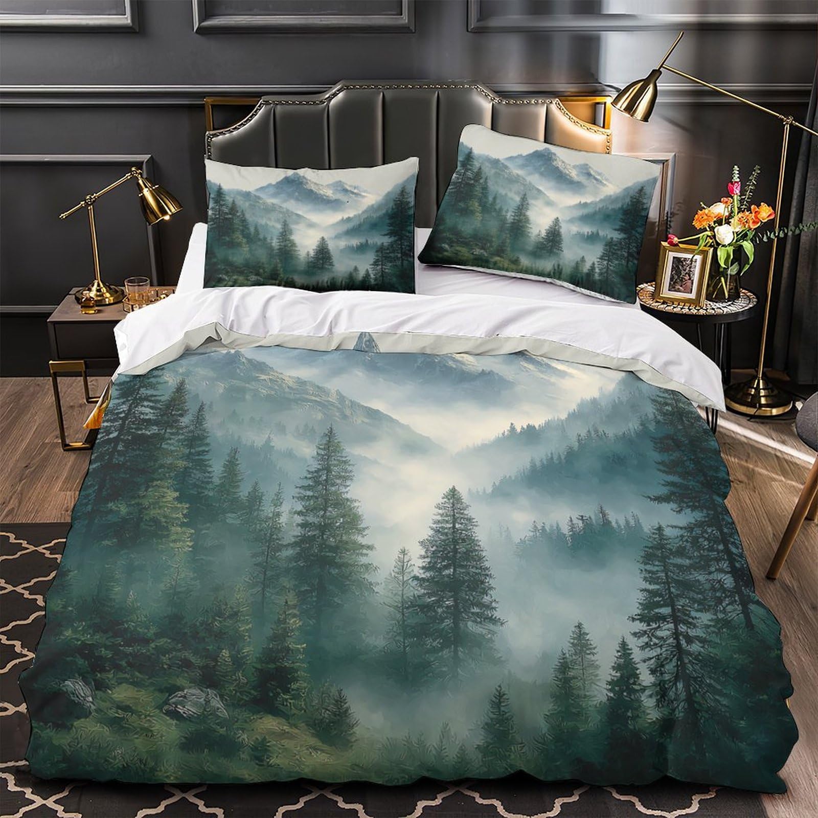 Housse de couette 3 pièces paysage de montagne 3D avec 2 taies d'oreiller