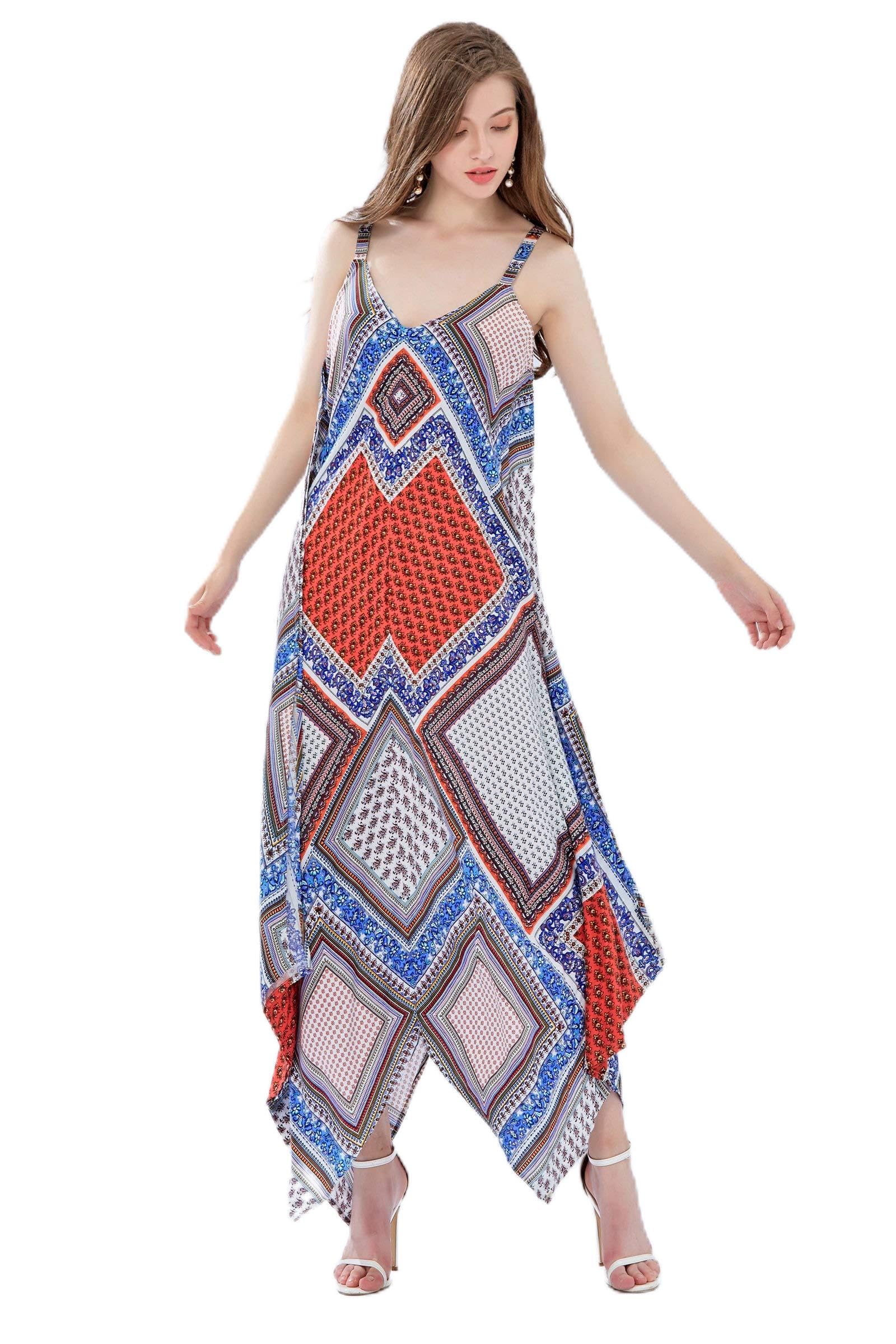 Missy Women's Designer Woven Maxi Dress, Hanky Hem Strappy Shoulder, White Multi, Medium