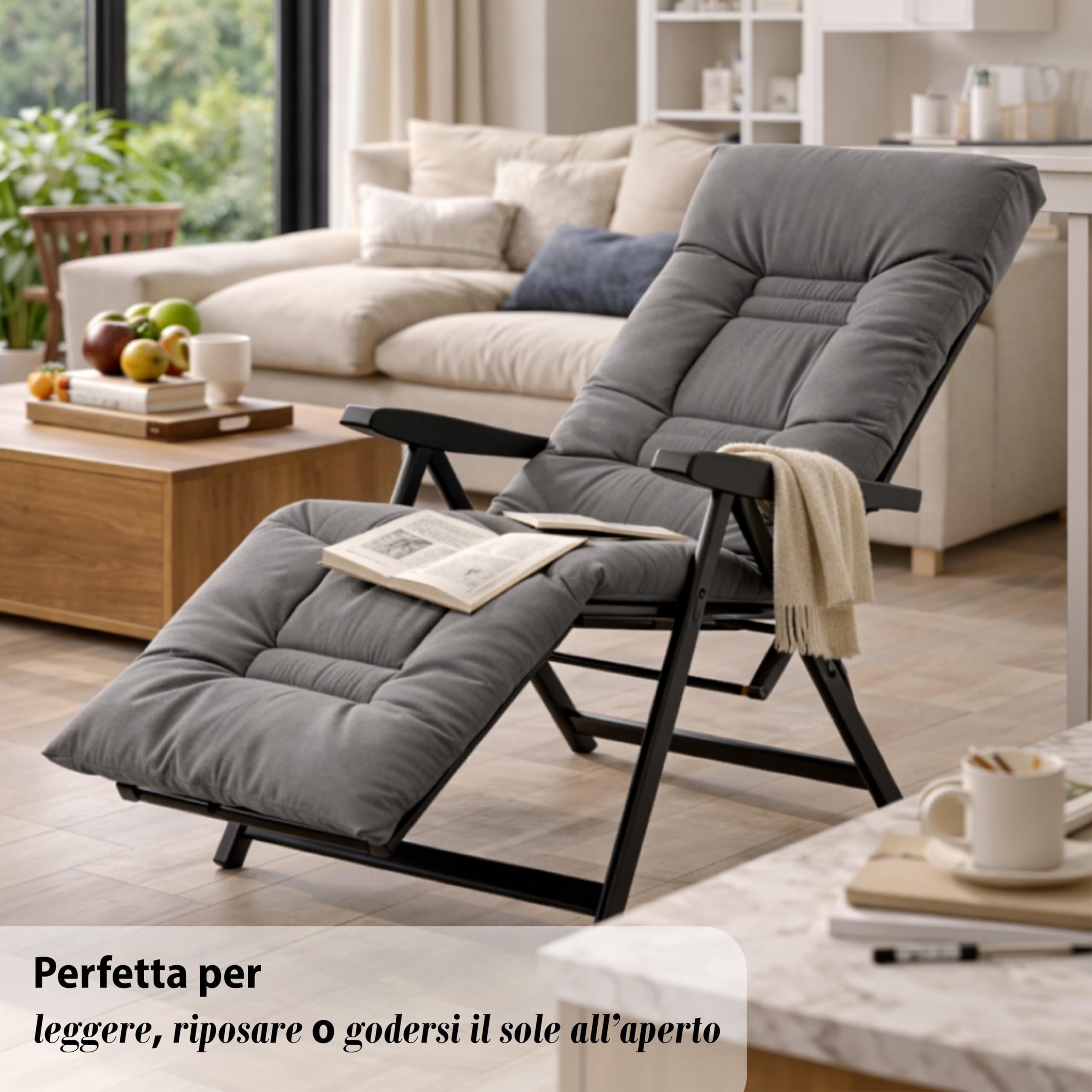 Sdraio Reclinabile Imbottita 154x60x65 cm 6 Posizioni Prolunga Estendibile Braccioli Ergonomici Struttura Acciaio Grigio Made in Italy