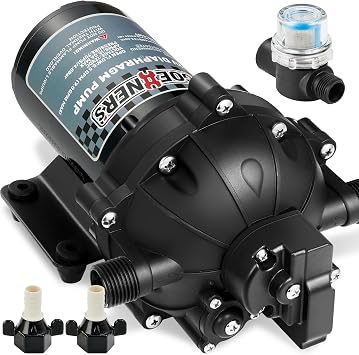 Upgraded Fresh Water Pump, 12V DC - 6.5GPM 70PSI Five Chamber Self-Priming Diaphragm Pump with Heavy Duty Pressure Switch and Strainer for RV, Marine, Yacht, Caravan