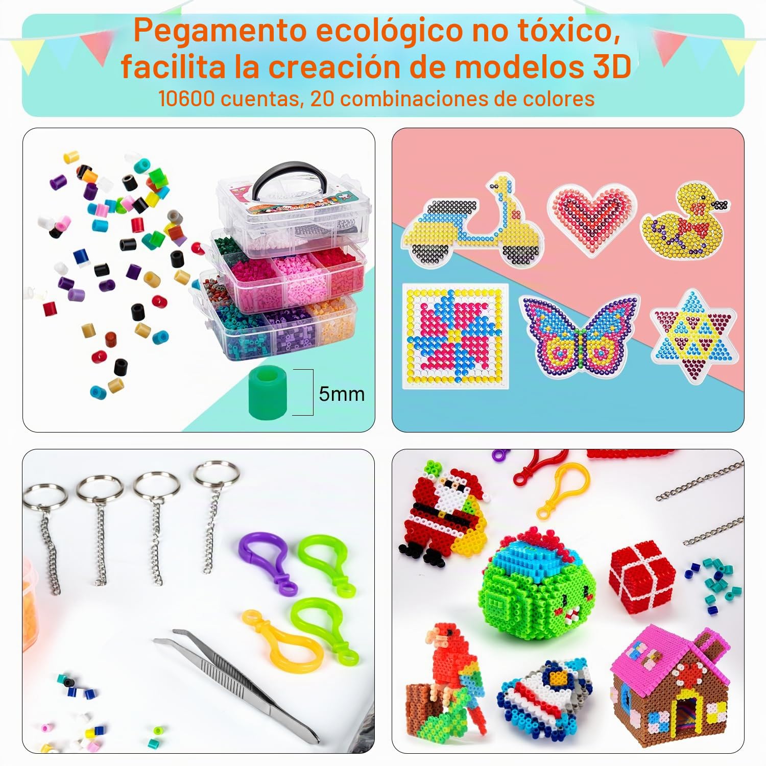 SLEMAKO Cuentas para planchar, 10600 Cuentas y perlas fusibles combinación con caja de almacenamiento, Guía del usuario, Placas, Creación DIY de Joyas, Decoración y Ideas de Manualidades 3D para Niños