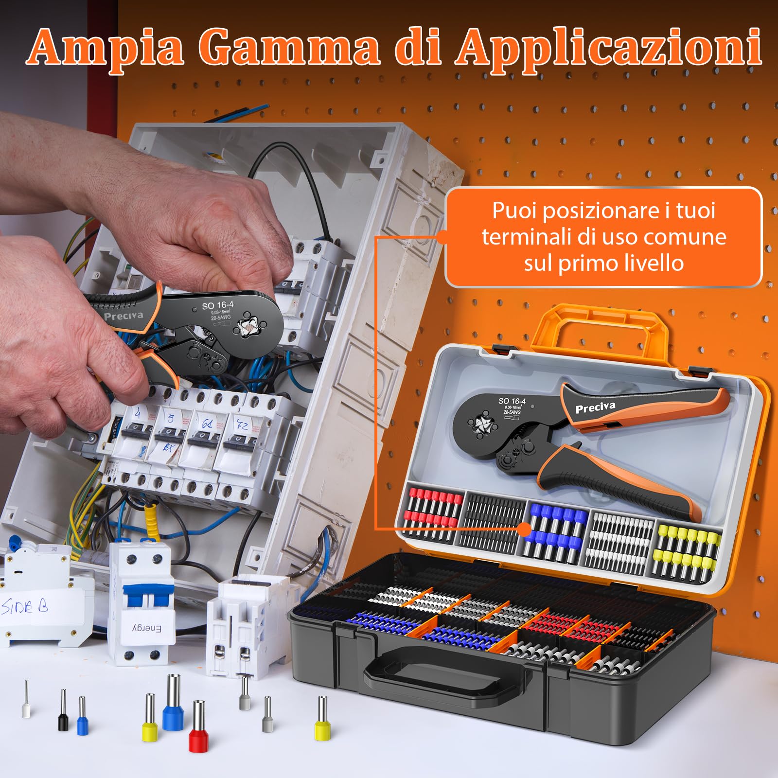 Preciva Set Pinza Crimpatrice con 1500 Puntalini Pinza Crimpatrice a Cricchetto 0,08–16mm² AWG28–5, Crimpa Puntalini/Capicorda Isolati e Non Isolati, Pinza a Crimpare Quattro