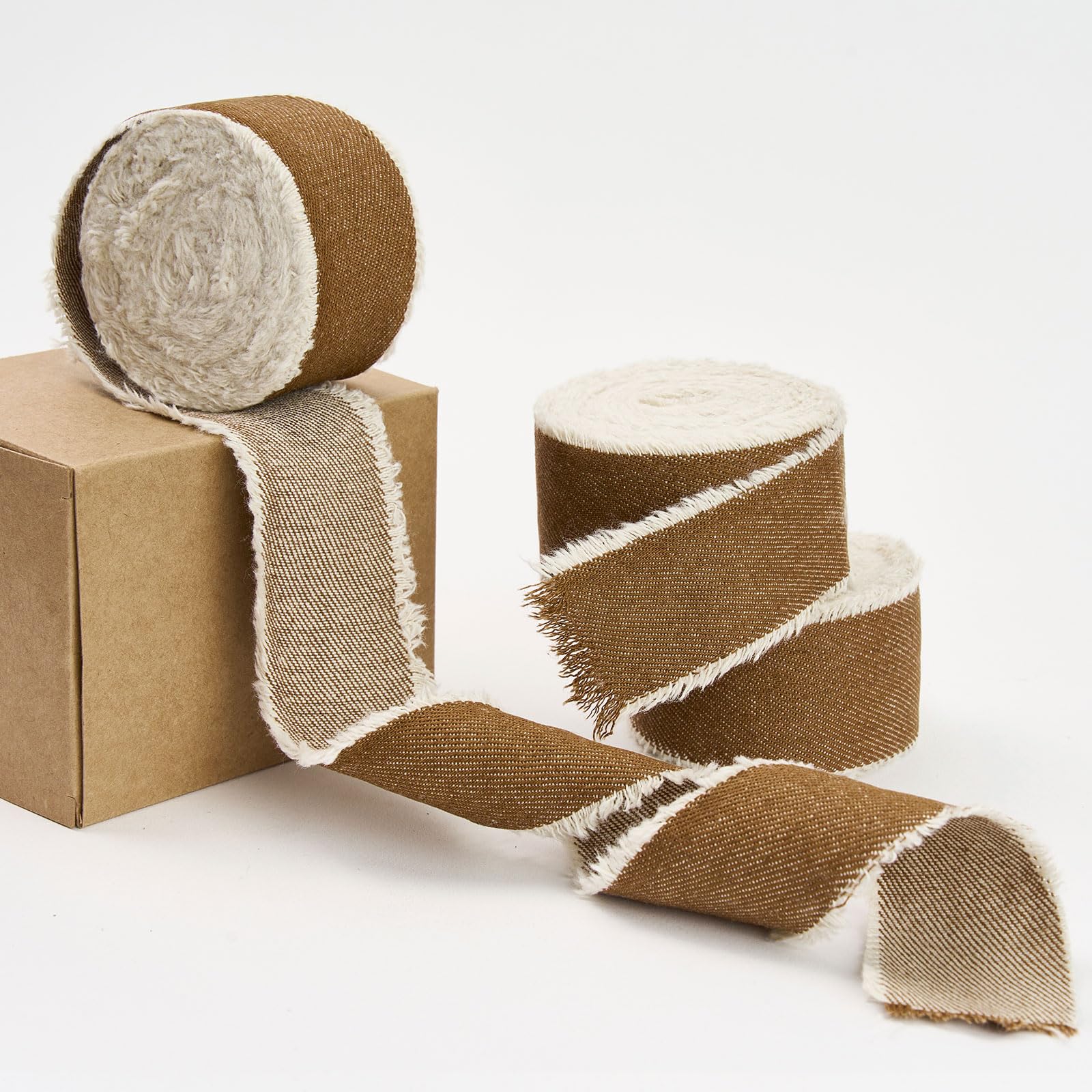 Pretty Jolly Brown Denim Ribbon for Gift Wrapping Handmade Rustic Frayed Cotton Fabric Ribbon for Flower Bouquet Total 15 Yards 1 1/2 Inch Ribbons for Crafts Hair Wedding Invitation Holiday Decor