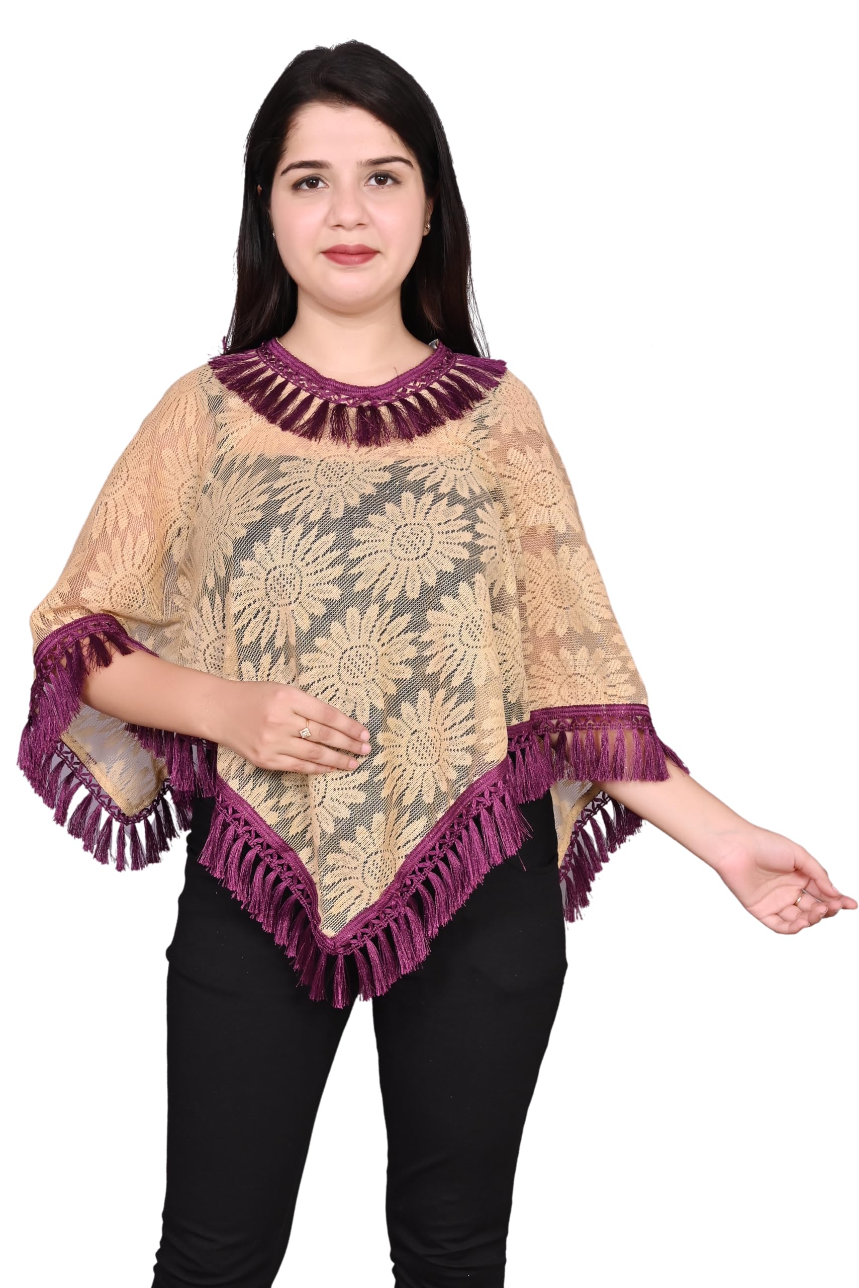 Women's Net Poncho Trendy Net Capes Poncho And Shrug For Girls Golden Lace-image-18